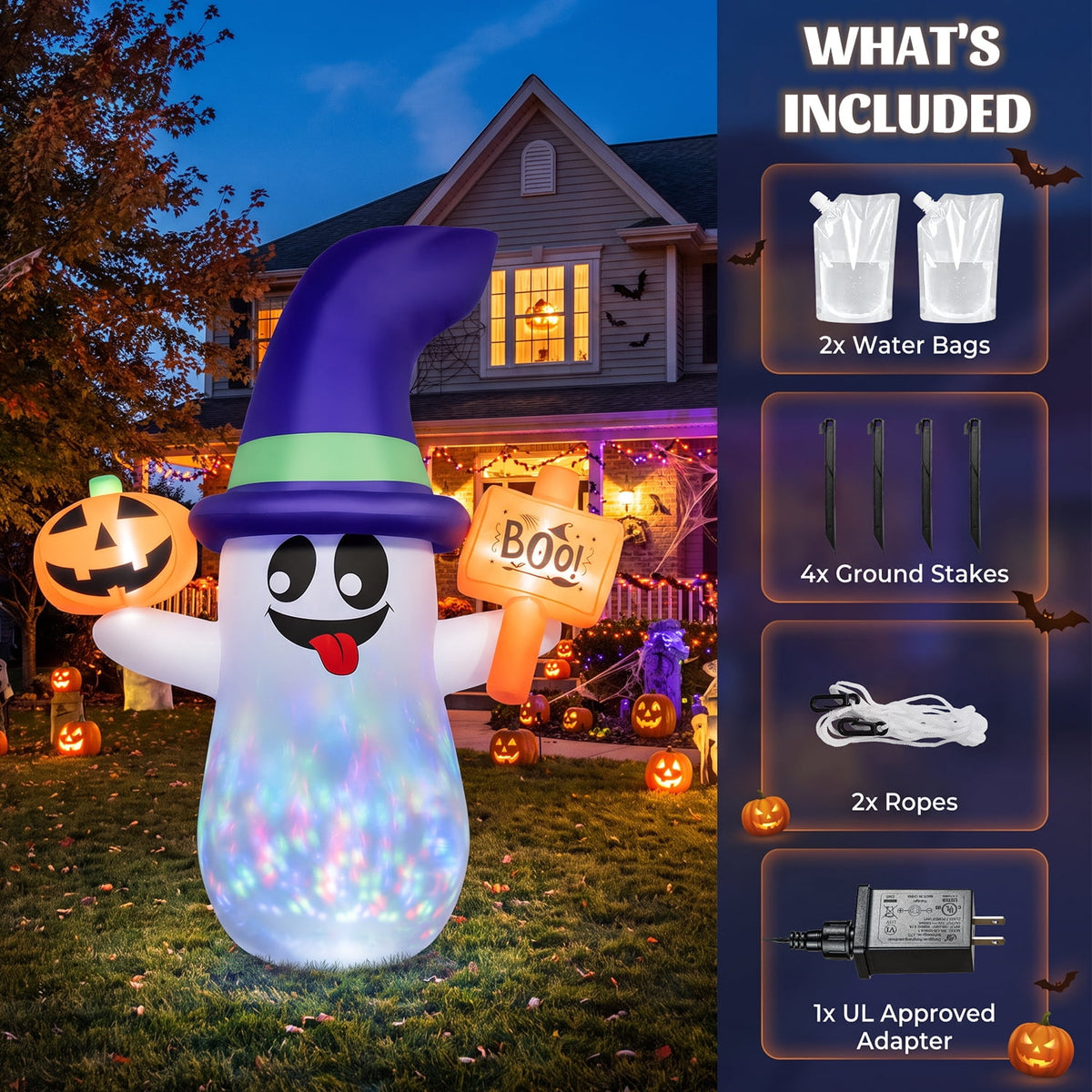 5ft Halloween Inflatable Ghost with Rotating Colorful LED Lights, Blow Up Ghost with Pumpkin & Boo Sign, Outdoor Halloween Yard Decoration for Lawn, Porch, Front Yard