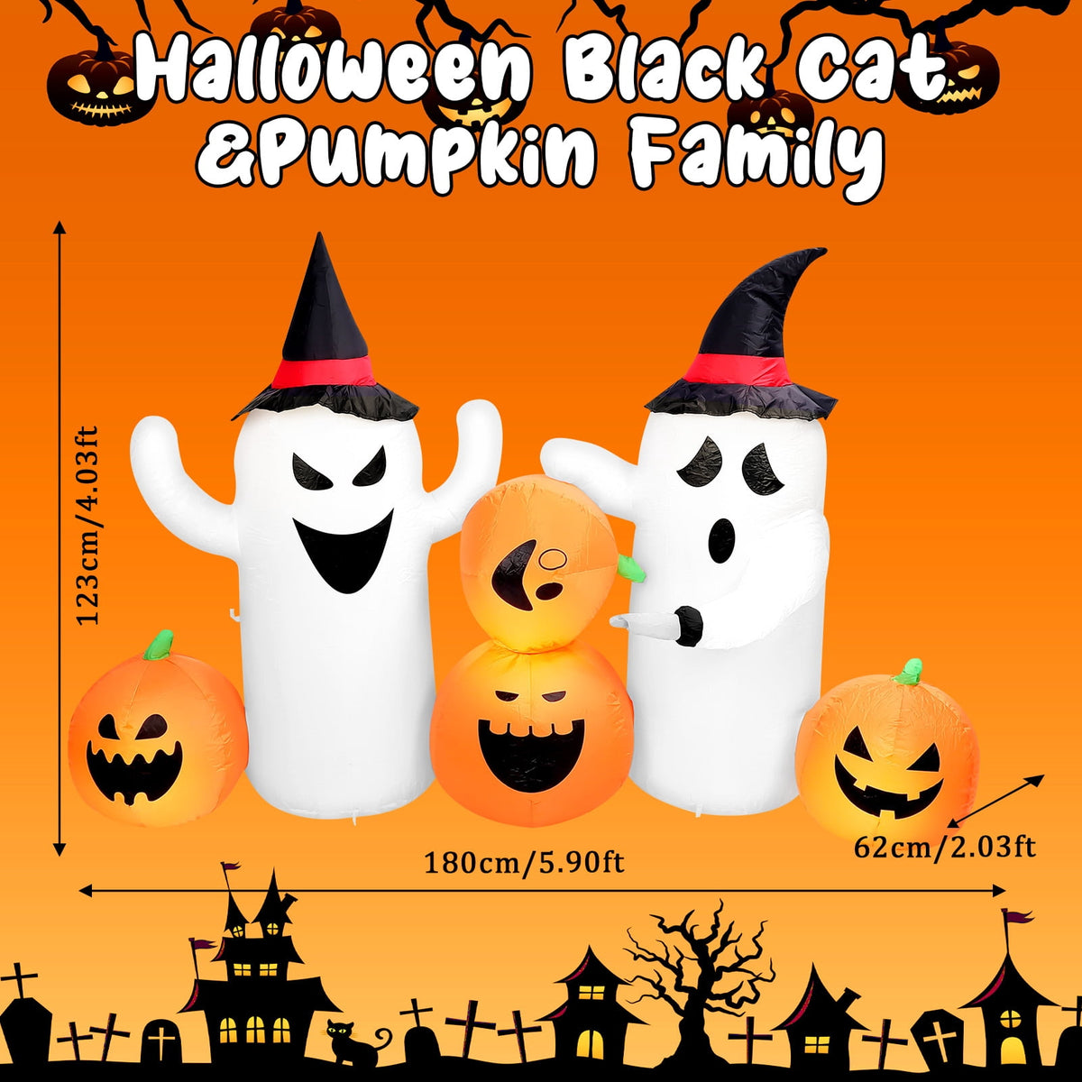 Halloween Inflatables Outdoor, 8FT Long Cute & Lighted Blow Up Decoration Pumpkin Family with Witch Hat, Large Halloween Inflatables Decorations with Lights for Yard, Holiday, Home