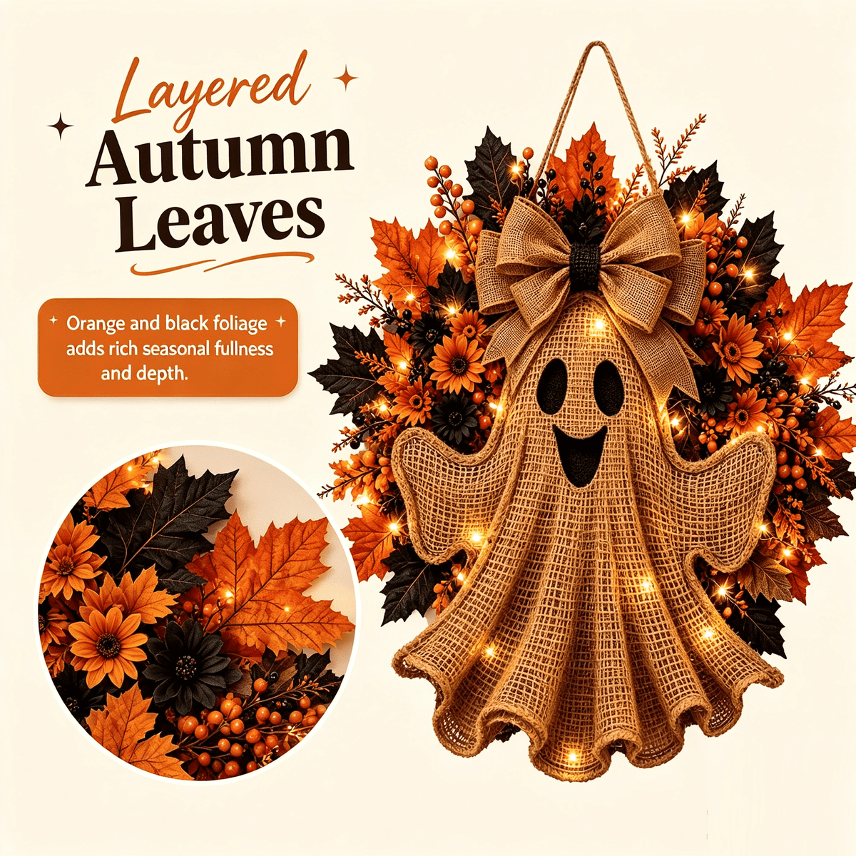 LGHDIWN Lighted Ghost Hanging Wreath for Front Porch, Halloween Door Decor with Spooky Design, Covered Porch Wall Window Indoor Display, Glowing Accent, Halloween Decoration