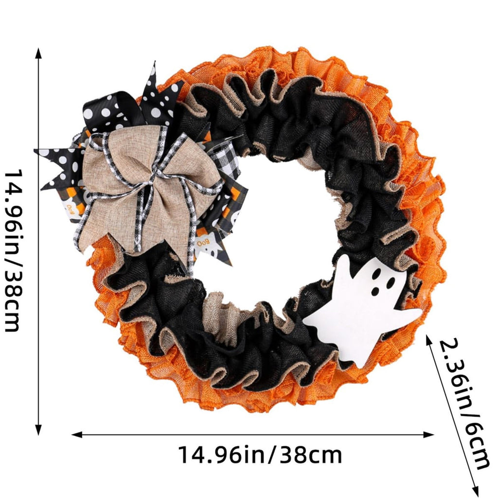 Halloween Ghost Burlap Wreath, Buffalo Plaid Ribbon Front Door Wreath, Spooky Ghost Hanging Garland for Home Porch Wall Fall Halloween Decor 38cm