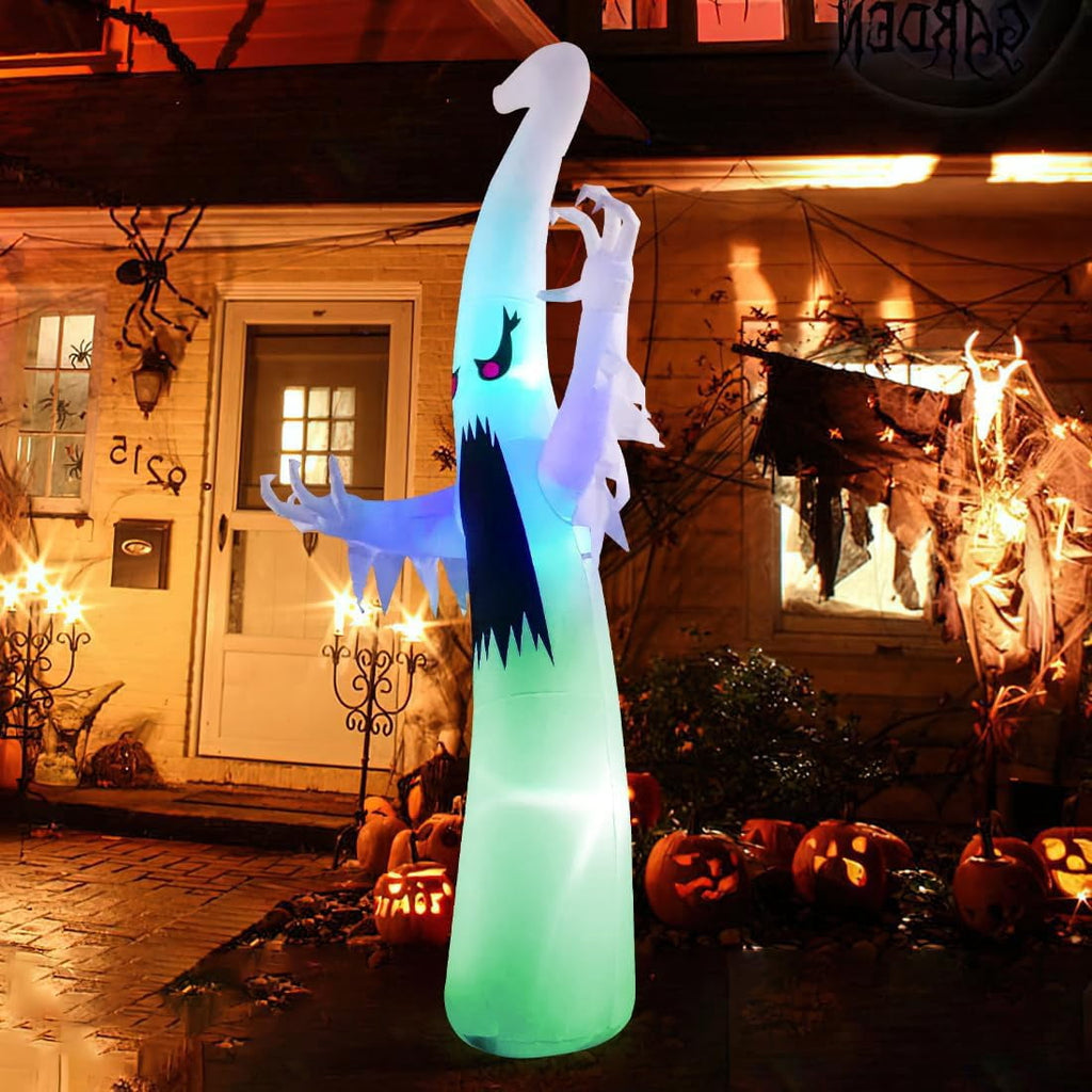 GOOSH 12 FT Height Halloween Inflatable Outdoor Colorful Dimming Ghost, Blow Up Yard Decoration Clearance with LED Lights Built-in for Holiday/Party/Yard/Garden