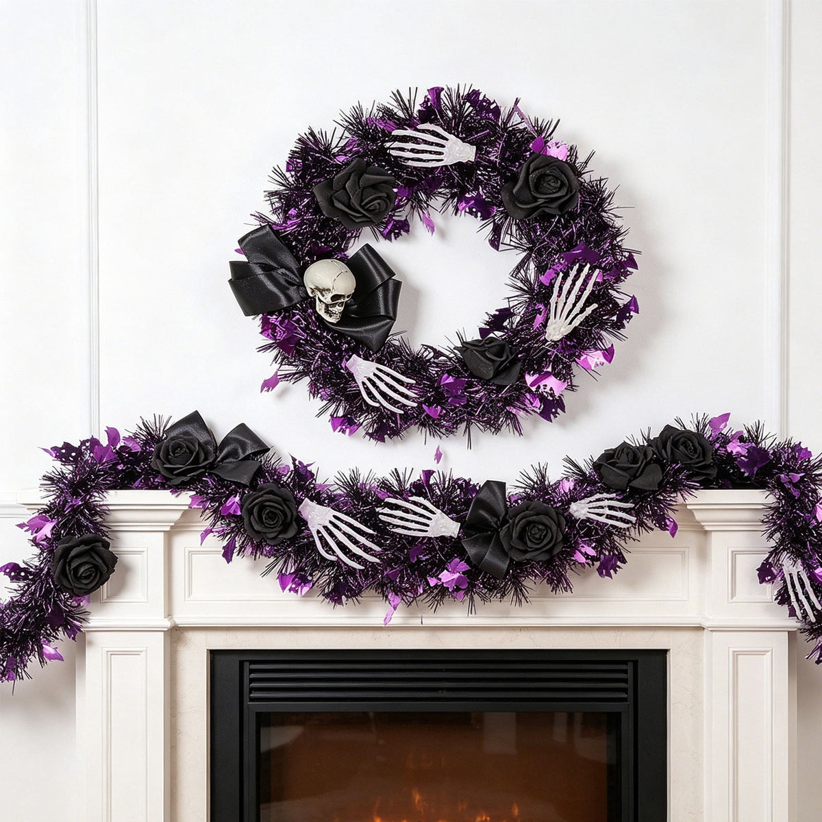 Hotyverty Halloween Wreath for Front Door, 13.77 Inch, Skull With Black Bow Wreath Halloween Decorations For Covered Outdoor Door & Farmhouse Gothic Home Ornament