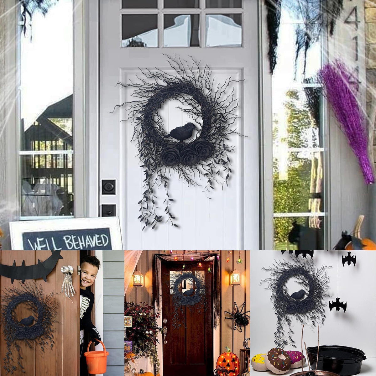 sruoe Halloween Decor, Halloween Decoration Indoor, Artificial Wreaths, Halloween Decoration Outdoor, Halloween Decoration, Halloween Wreath with LED, HHalloween Wreath for Home, Window Decor