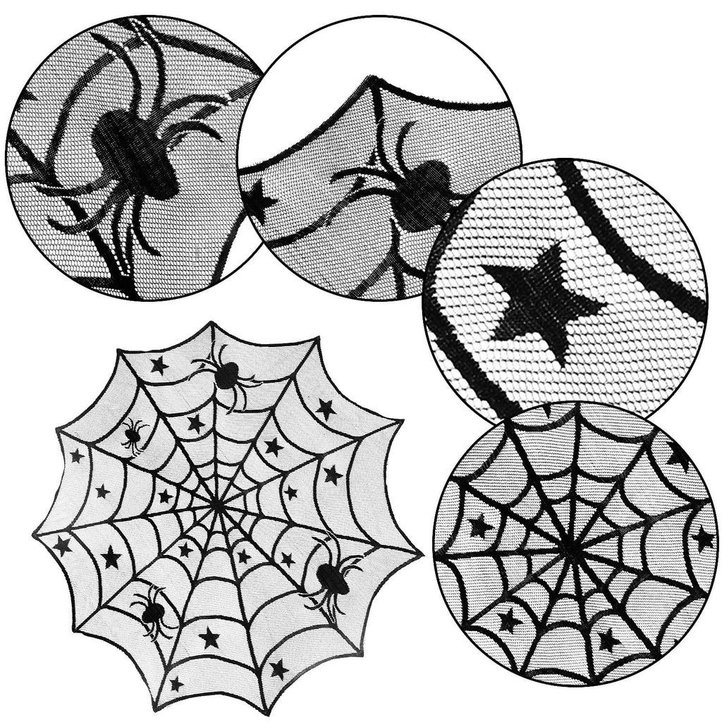 Round Lace Table Topper Black Spider Tablecloth and Fireplace Spider Decorations Lace Spiderweb Mantle Scarf Cover for Halloween Window, Dinner Party, Festival Party, Scary Movie Nights