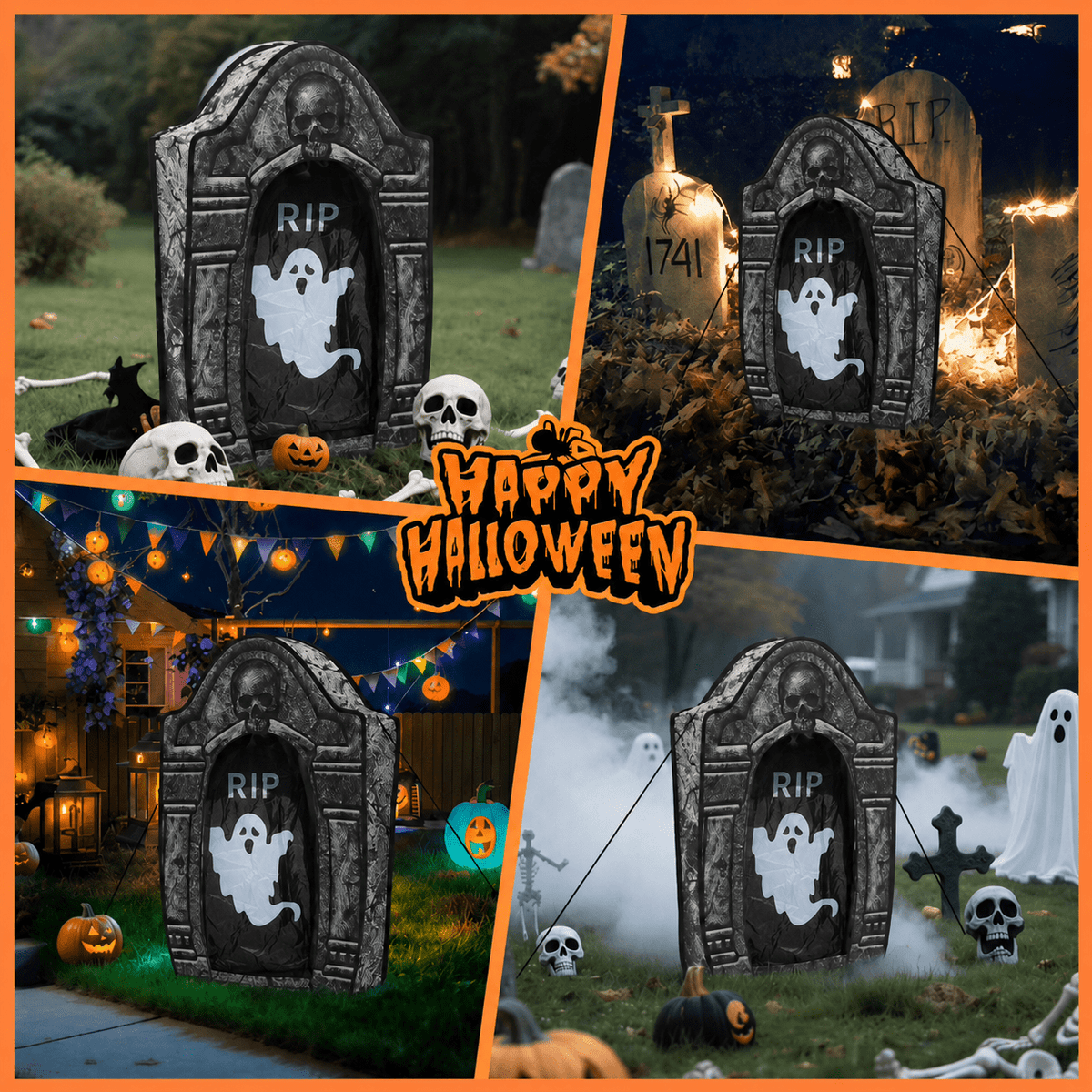 Toiyjofe 3.5ft Large Halloween Tombstone Decoration with LED Skull Eyes, Battery Powered Foldable Graveyard Decor for Lawn, Garden & Haunted House