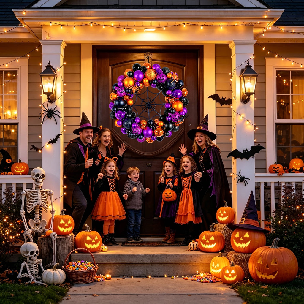 Godance 16 Inch Purple Halloween Spider Ball Wreath for Front Door, Halloween Treat-or-Trick Door Wreath Plastic Ball Ornament for Halloween Indoor Decorations Centerpiece Party Holiday Wall Decor