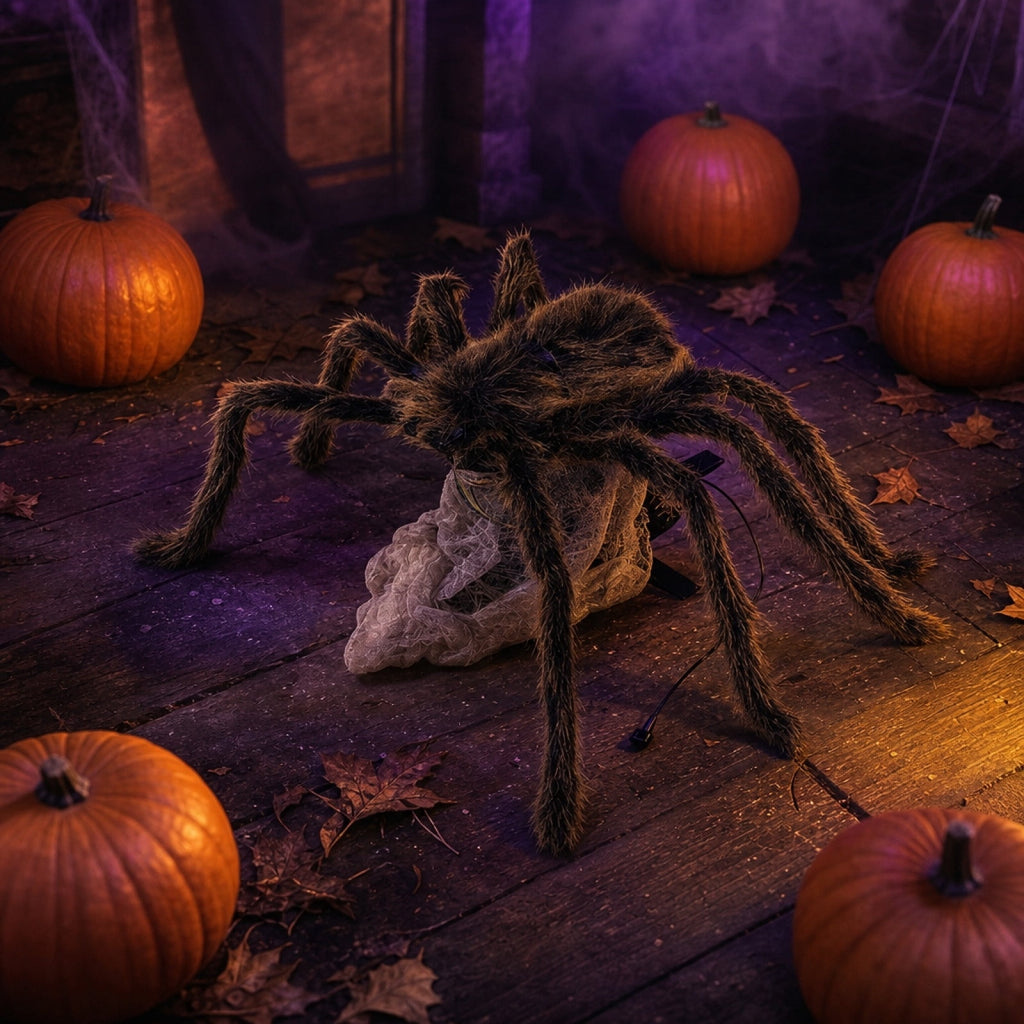 Jumping Scary Spider Halloween Prop Animated Pops Up Furry Toy with Glowing Eyes Spooky Sounds Motion-Activated Prank Decor for Porch Party Display