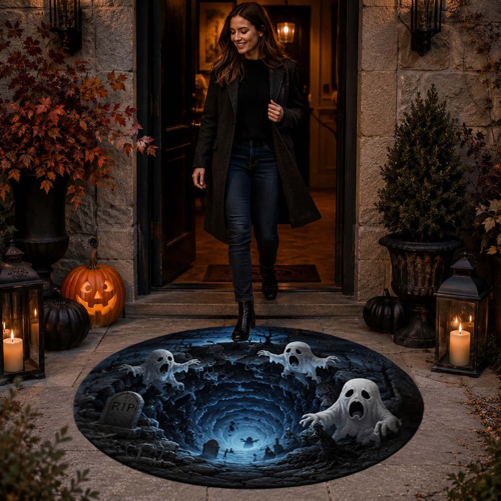 Win s Way 3D Illusion Round Halloween Rug Optical Illusion Doormat Non- Washable Entryway Decor Spooky Fall Front Door Mat for Party Decoration Available in 15.8/23.6/31.5 Inch