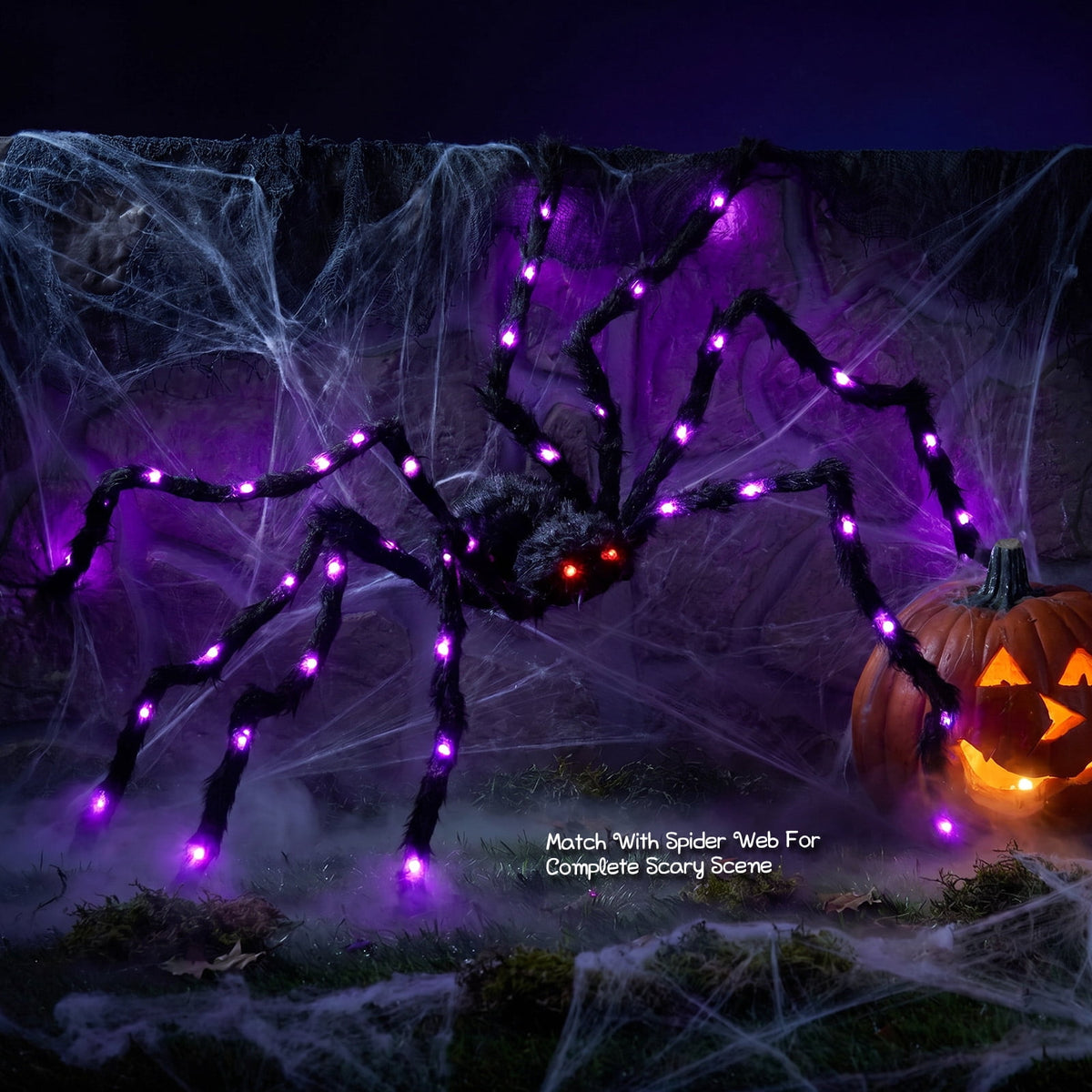 Ayieyill 5ft Giant Light-up Halloween Spider, Scary Hairy Fabric Spider for Indoor Outdoor Yard Haunted House Decor, Purple