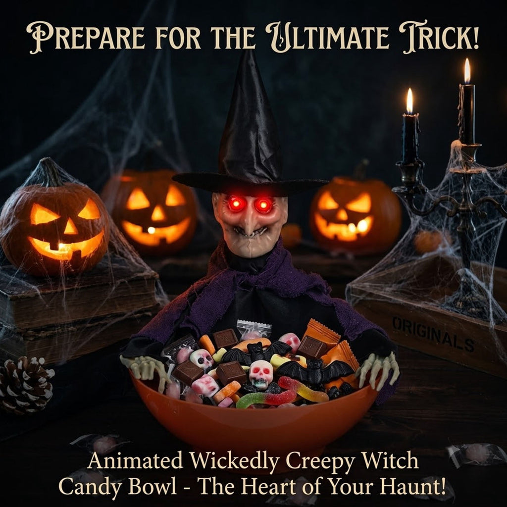Halloween Animated Witch Candy Bowl Motion Sensor Activated Spooky Candy Holder with Glowing Red Eyes Scary Sounds for Halloween Home Decor