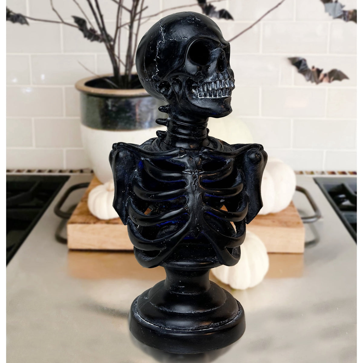 Light-Up Battery-Operated Faux Skeleton Bust, Black, 12", Halloween by Way To Celebrate