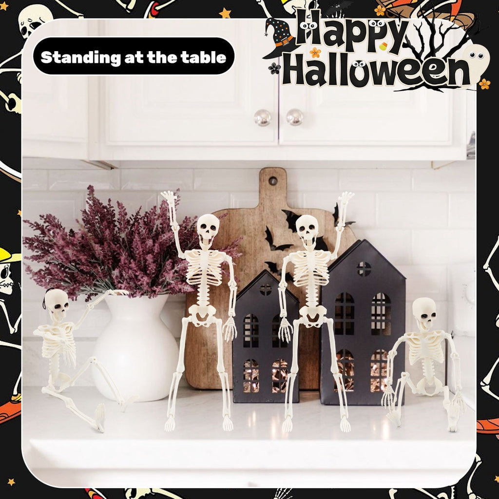 Posable Halloween Skeleton Decor, 4 Packs 16 Inches Full Body Posable Joints Hanging Skeletons for Halloween Haunted House Party Home Props Decorations