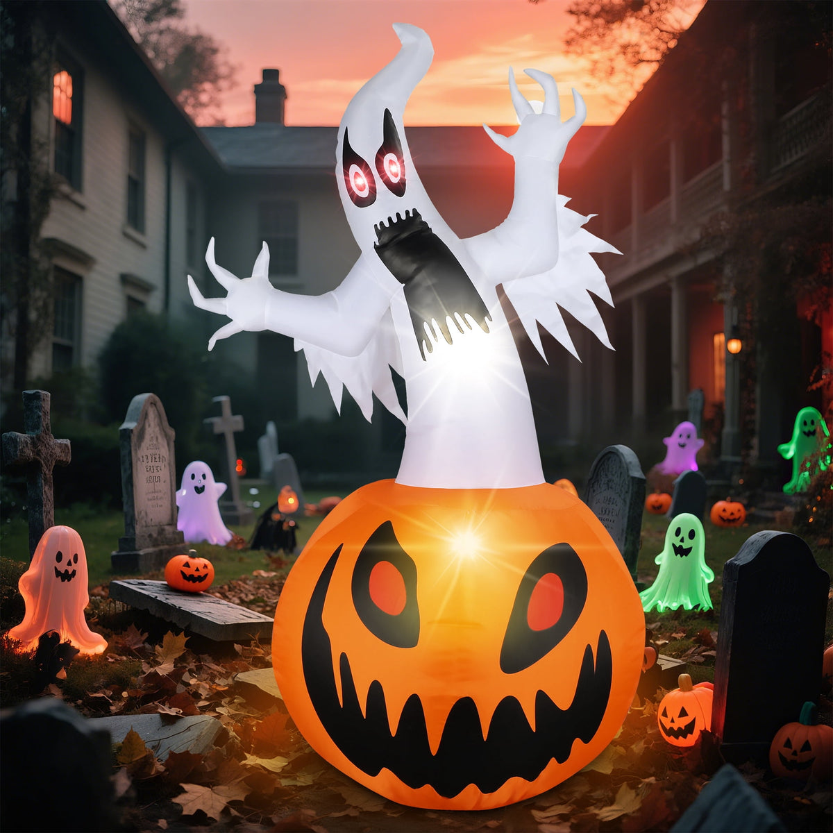 MAGOTAN 8 ft Halloween Inflatable Pumpkin Halloween Inflatable Pumpkins Ghost Tombstone Outdoor Yard Decoration Build-in 7 LED White Lights