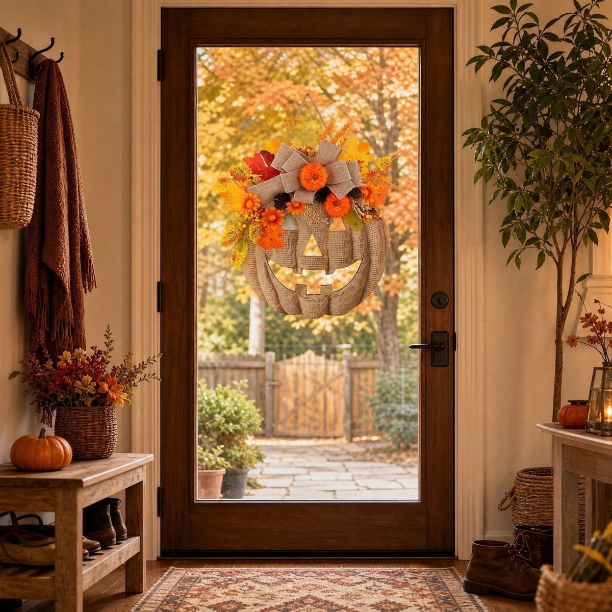Rwvbm Plastic Artificial Fall Wreath, Faux Pumpkin Maple Leaf Floral Garland for Front Door Wall Thanksgiving Halloween Home Decoration, 13.8in