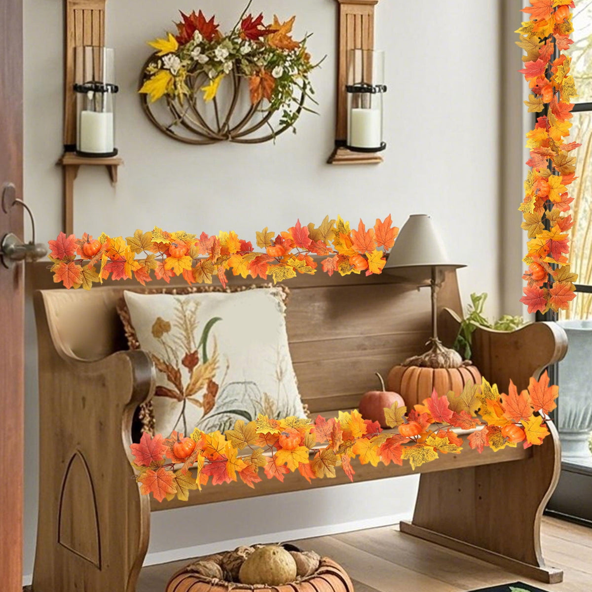 Sruoe Simulation Maple Leaf and Rattan Fall Garland for Holiday Stair Door, Greenery Garland for Garden Home Wall, Fake Plants Wreath Decoration for Thanksgiving Halloween, Orange