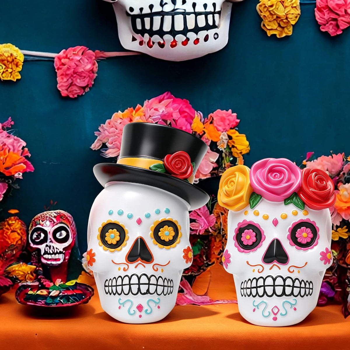 sixwipe Resin Day of The Dead Skull Couple, Halloween Decor, Black and White Skeleton Figurine Set, Male with Top Hat, Female with Red Rose Wreath