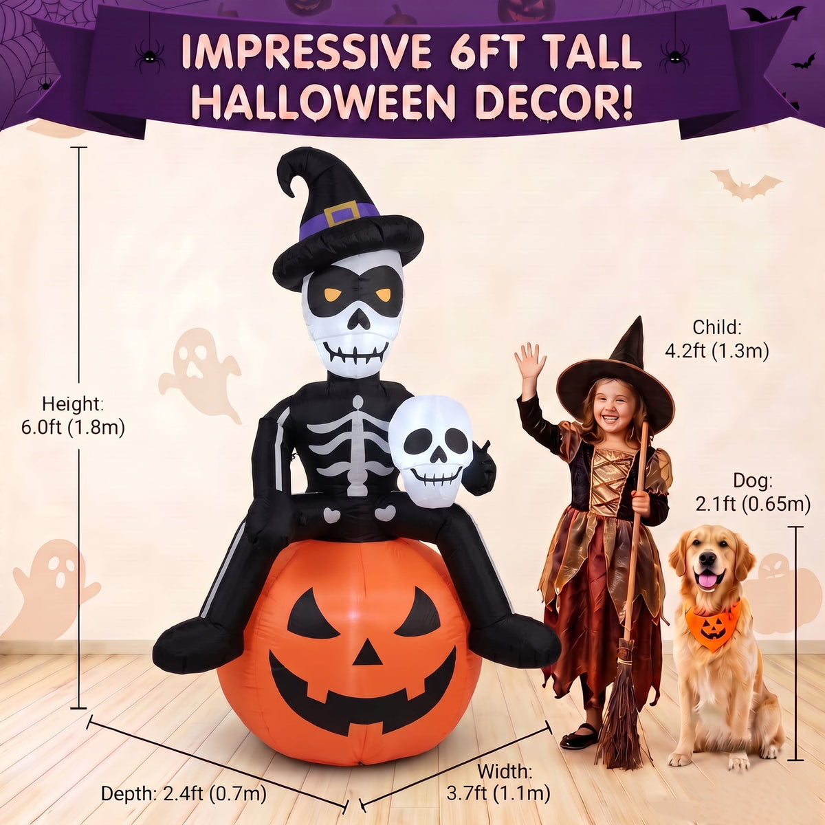 Glazina 6 FT Halloween Inflatable Skeleton on Pumpkin with Witch Hat, Built-In LED Lights, Outdoor Halloween Blow Up Yard Decoration