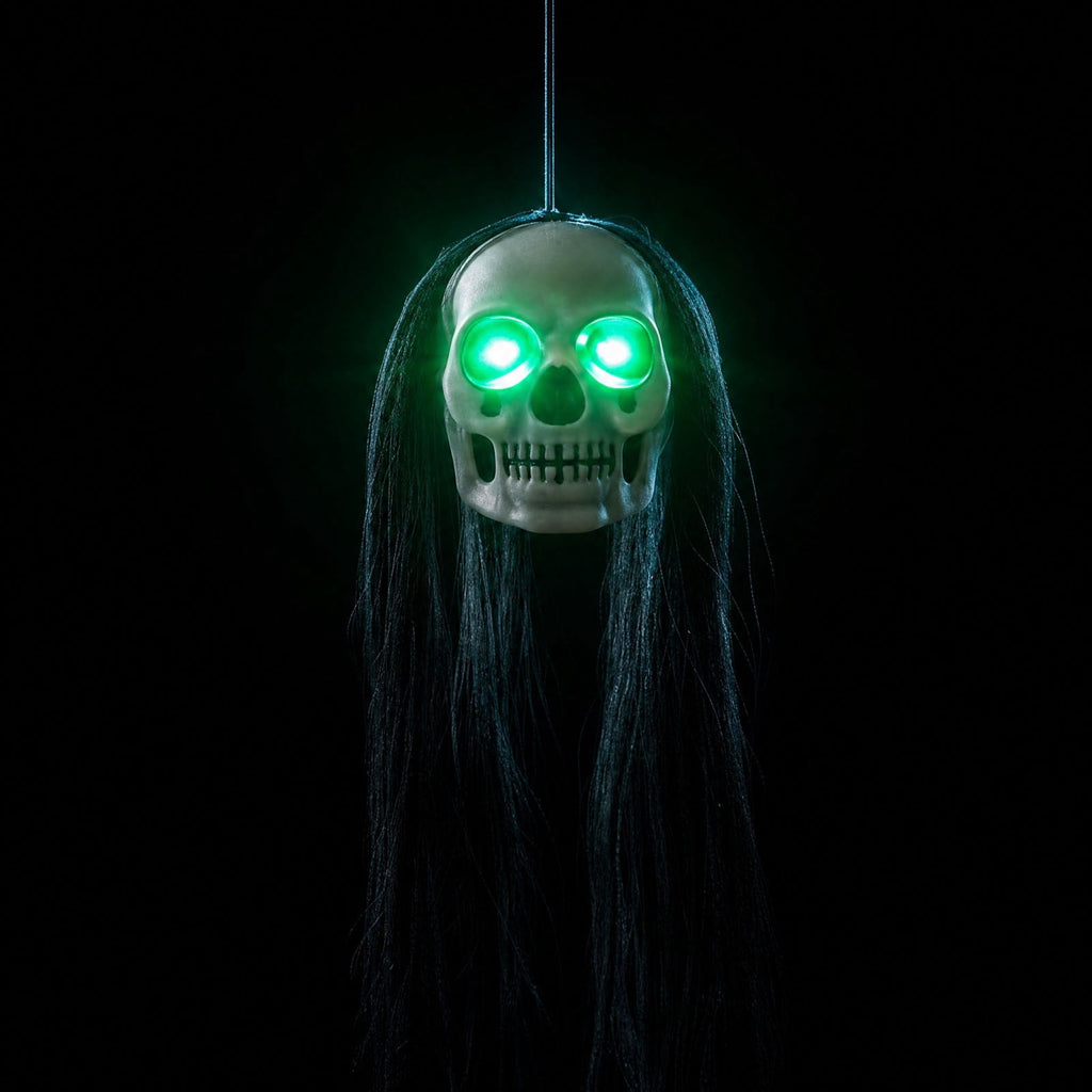 Bklubk Hanging Long Hair Skull Ghost Prop With Flashing Red/Green LED Eyes.Spooky Skeleton Head Hanging Ornament For Escape Room. House Halloween Yard Decor