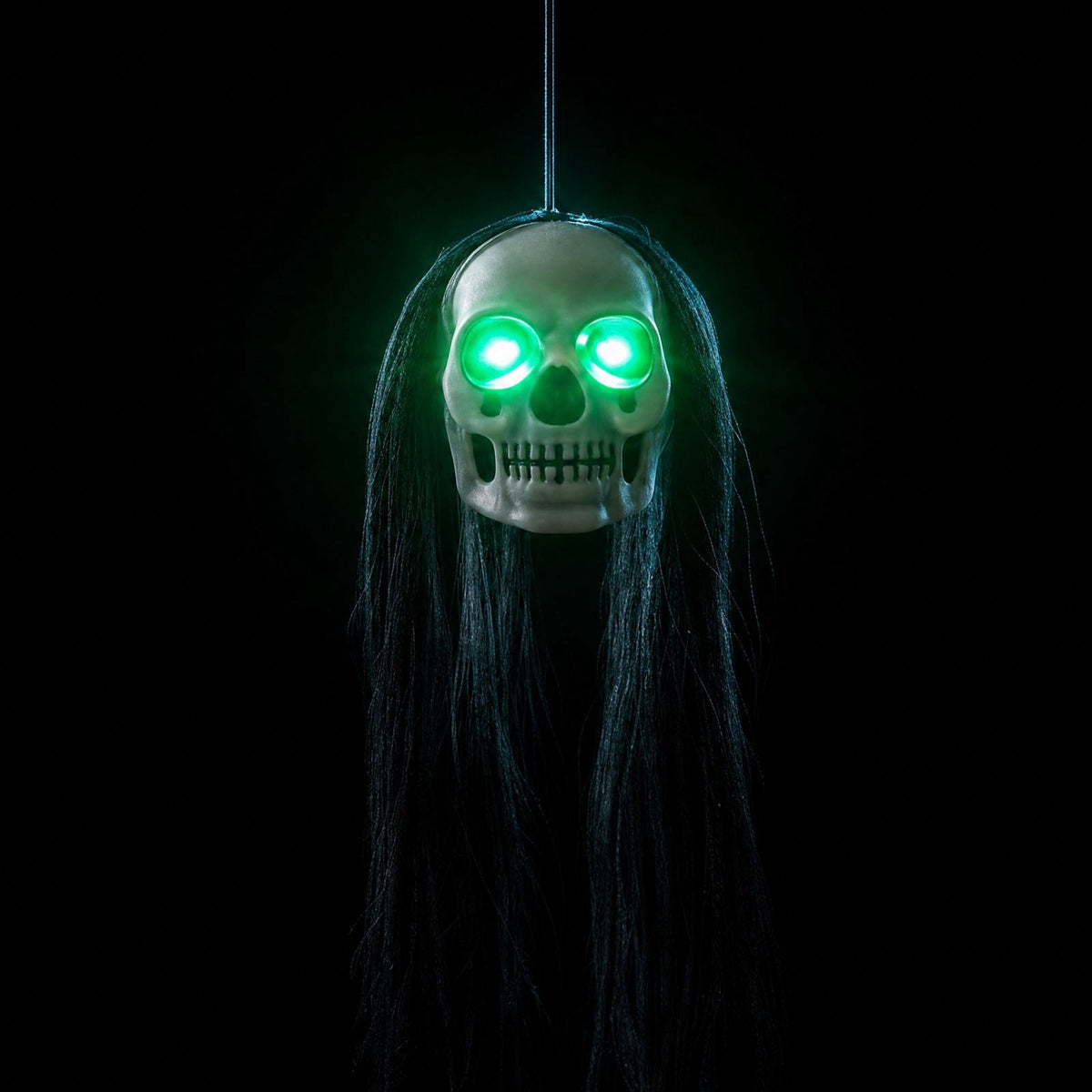 Bklubk Hanging Long Hair Skull Ghost Prop With Flashing Red/Green LED Eyes.Spooky Skeleton Head Hanging Ornament For Escape Room. House Halloween Yard Decor