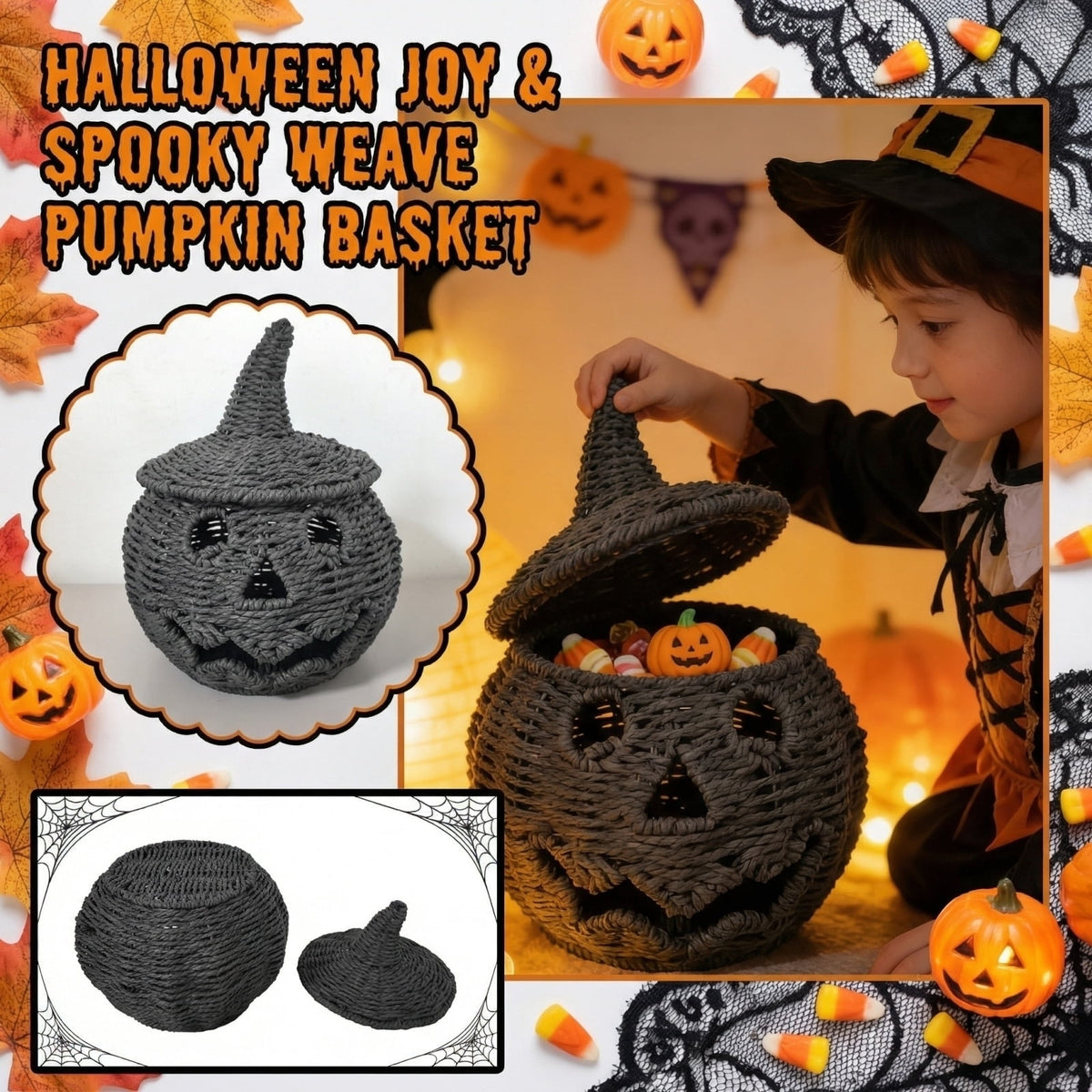 THOPBPRK 2026 Black Halloween Woven Pumpkin Jack-O'-Lantern, Halloween Decorations Pumpkin, USE LED Candle, Rattan Fall Halloween Decor for Home, 1Pack 11.8 Inch A