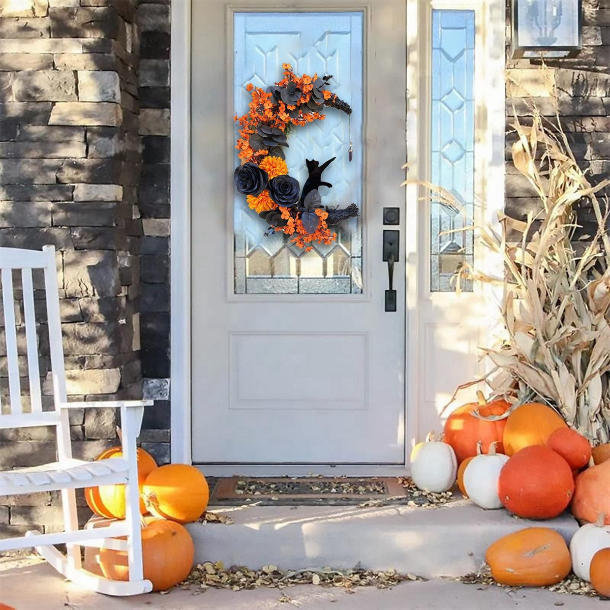 Lighted Halloween Wreath - Black Cat & Crescent Moon Design with LED Lights for Front Door, Porch & Wall Gothic Decor