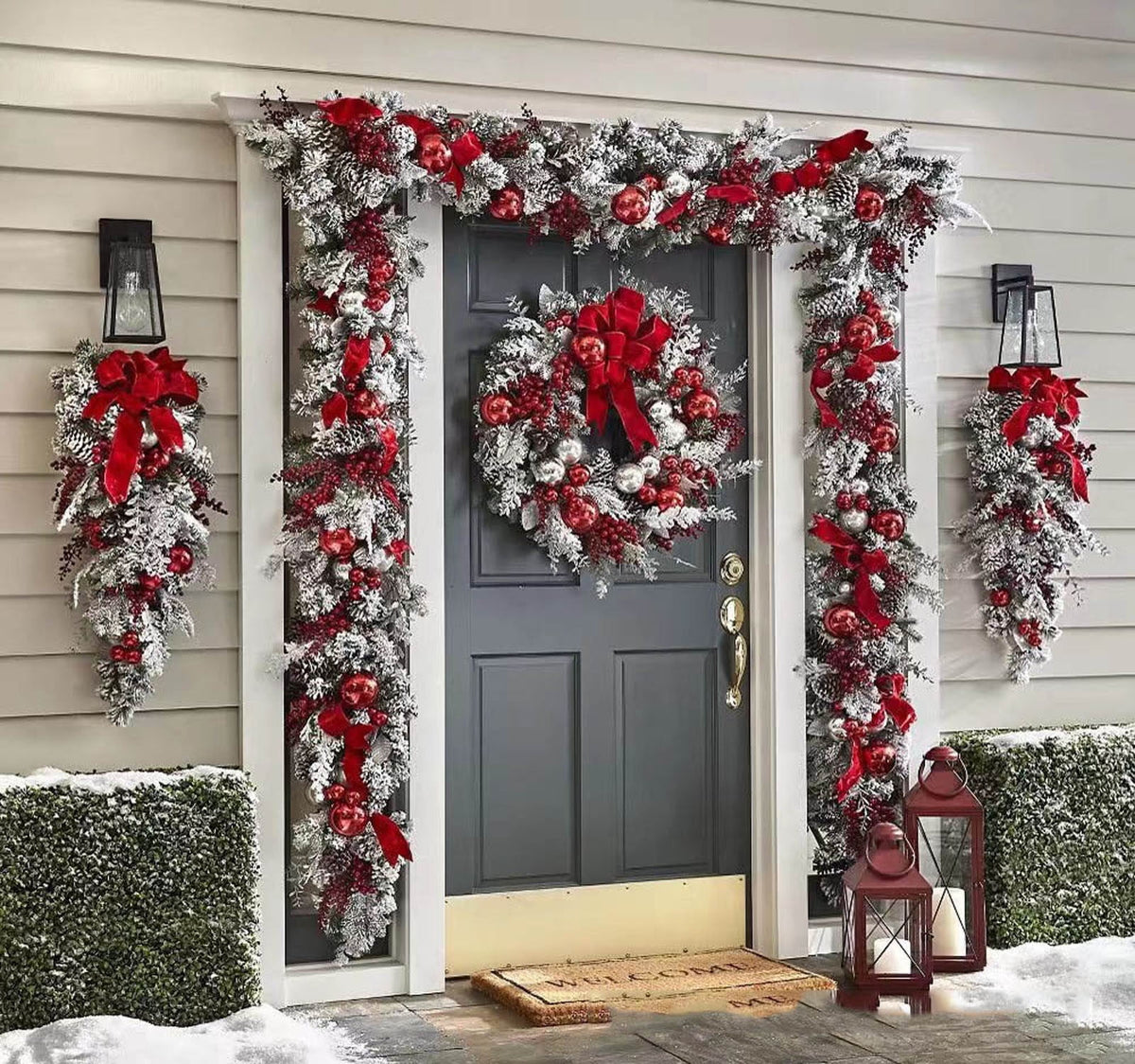 Opehuo Christmas Wreath Outdoor,Artificial Christmas Garland for Front Door with Red Flocking Bowknot,Pine Cones,Red Berries,Indoor and Outdoor Christmas Decorations(B)
