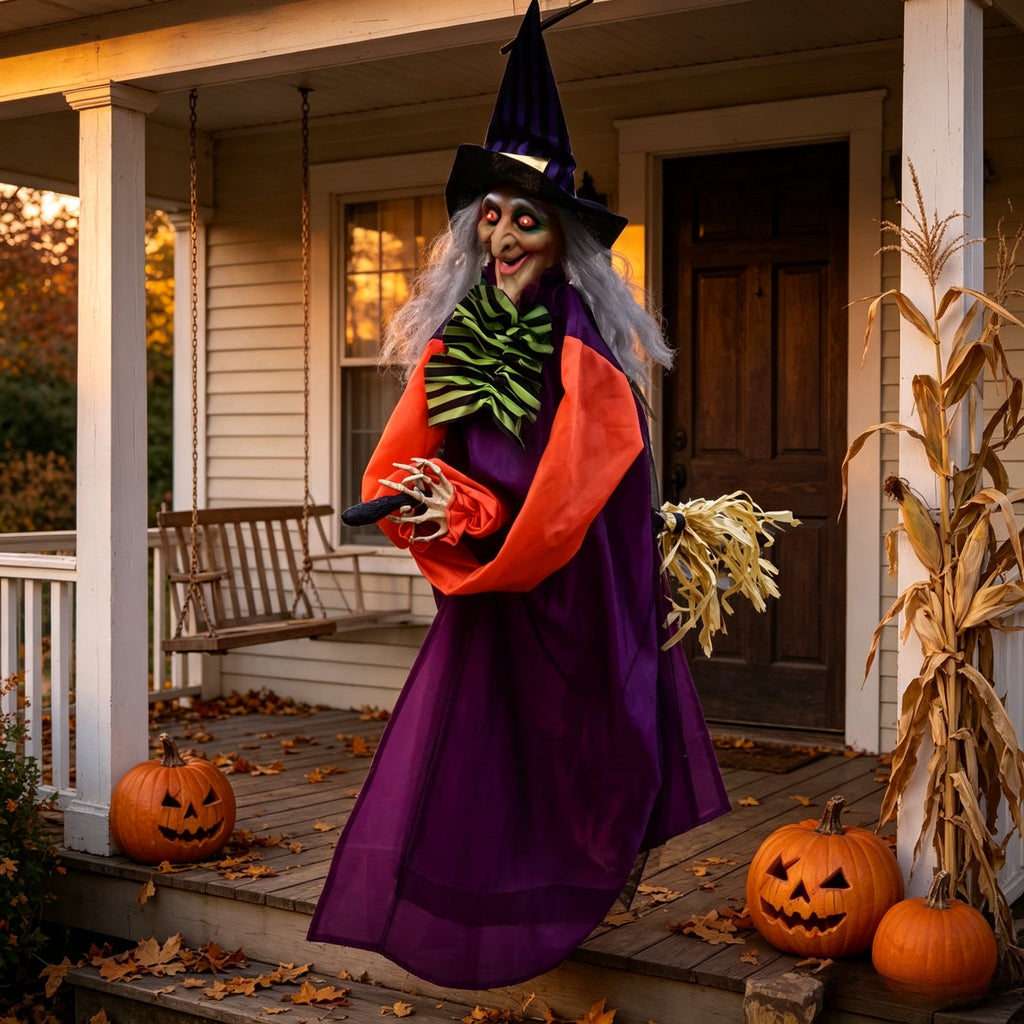 Halloween Witch Decoration, 49-Inch Hanging or Standing Prop with Broom and Wand for Porch and Yard Decor