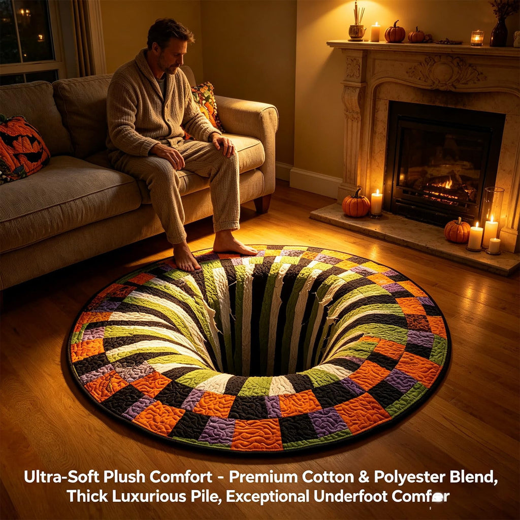 Halloween Round Rug 3D Skeleton Vortex Quilted Illusion Mat | Soft non-slip fabric indoor round decor. Perfect for living room, kitchen or bathroom. Features a spooky depth pattern