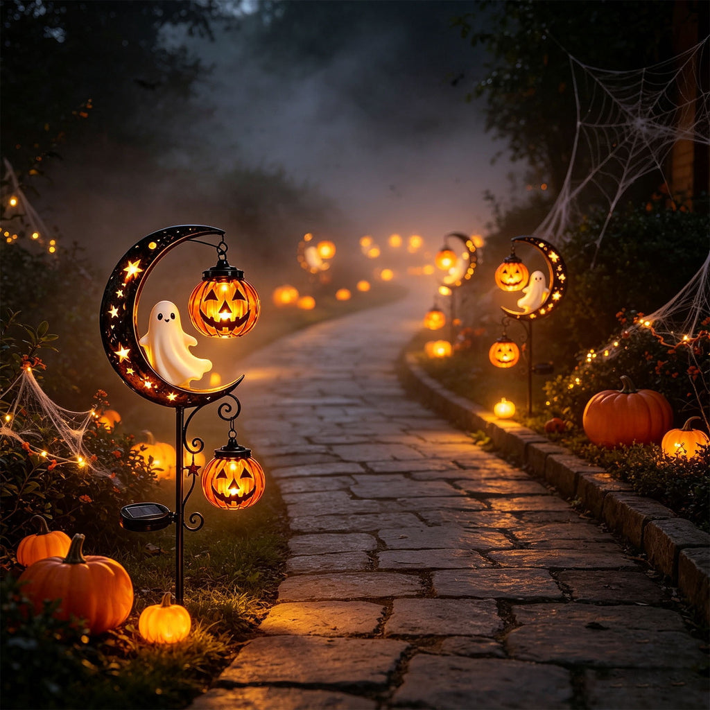 Solar Halloween Garden Stake Light, Bats & Spooky Ghosts Waterproof Solar Lantern Stake with Hanging Pumpkin, Outdoor Halloween Yard Decor for Garden Patio Lawn Pathway