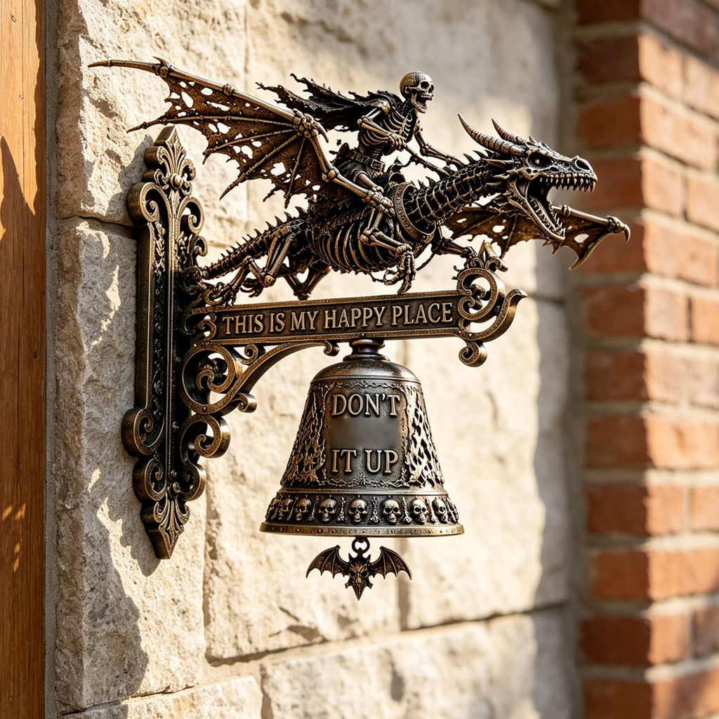 Metal Skeleton Dragon Rider Wall Bell, Gothic Skull Bat Embossed Doorbell Plaque with Quote Sign, Spooky Vintage Wall Hanging Decor for Front Door Halloween Home Ornament 6 Inch