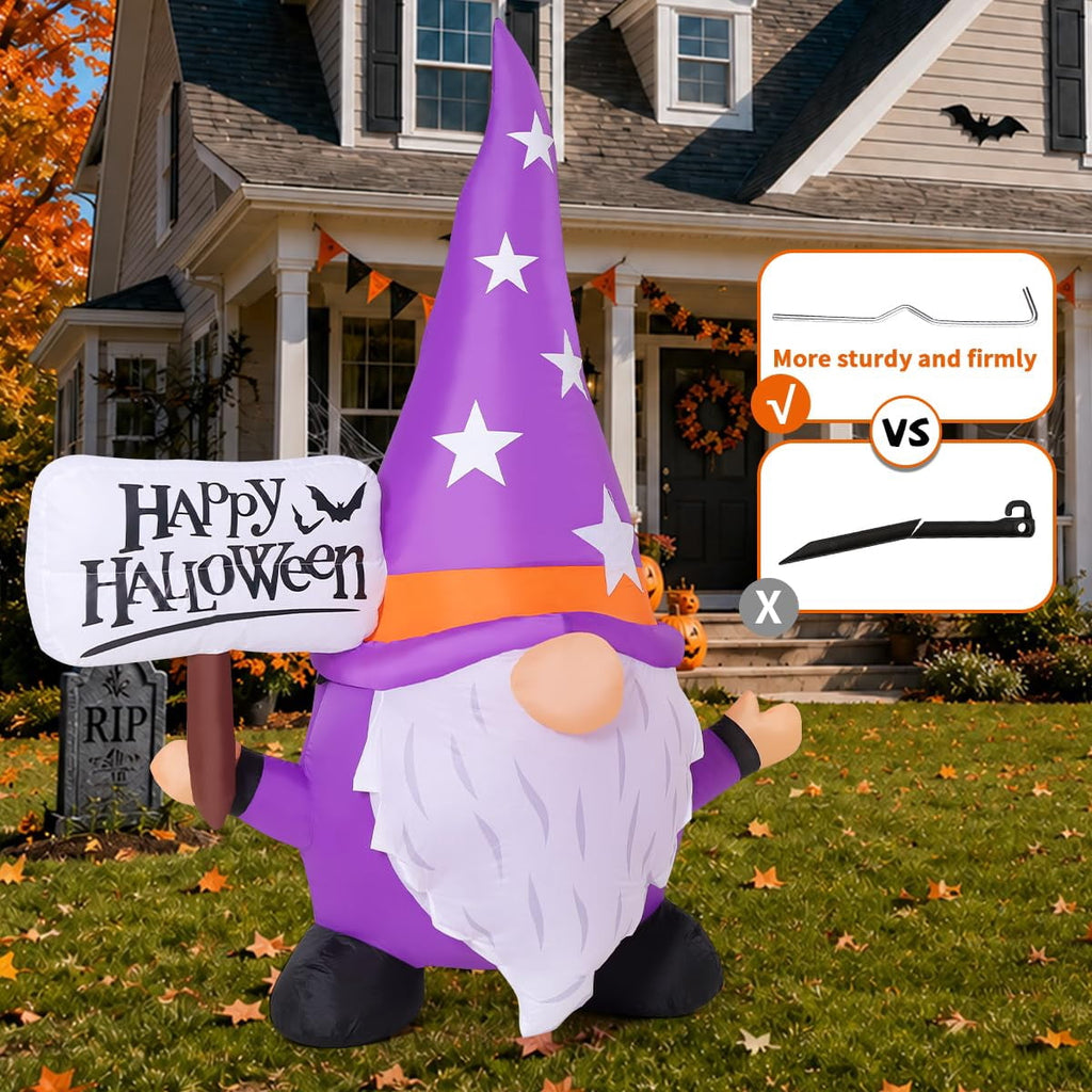 COMIN 5 FT Tall Halloween Inflatable Gnome Holding Happy Halloween Sign Outdoor Blow Up Gnome with Built-in LED Lights for Garden Patio Porch Holiday Party