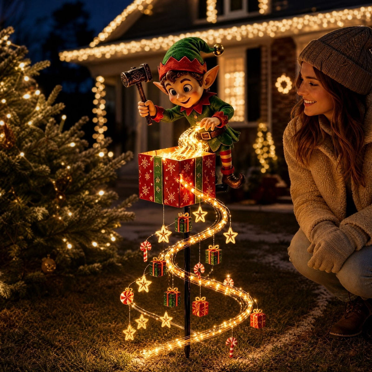 Luckky Christmas Bell Cascade Solar Yard Light,Solar Powered Flowing Star Bell Stake Light,Warm Yellow Outdoor Holiday Decor for Christmas Yard Decor（1 Pack）