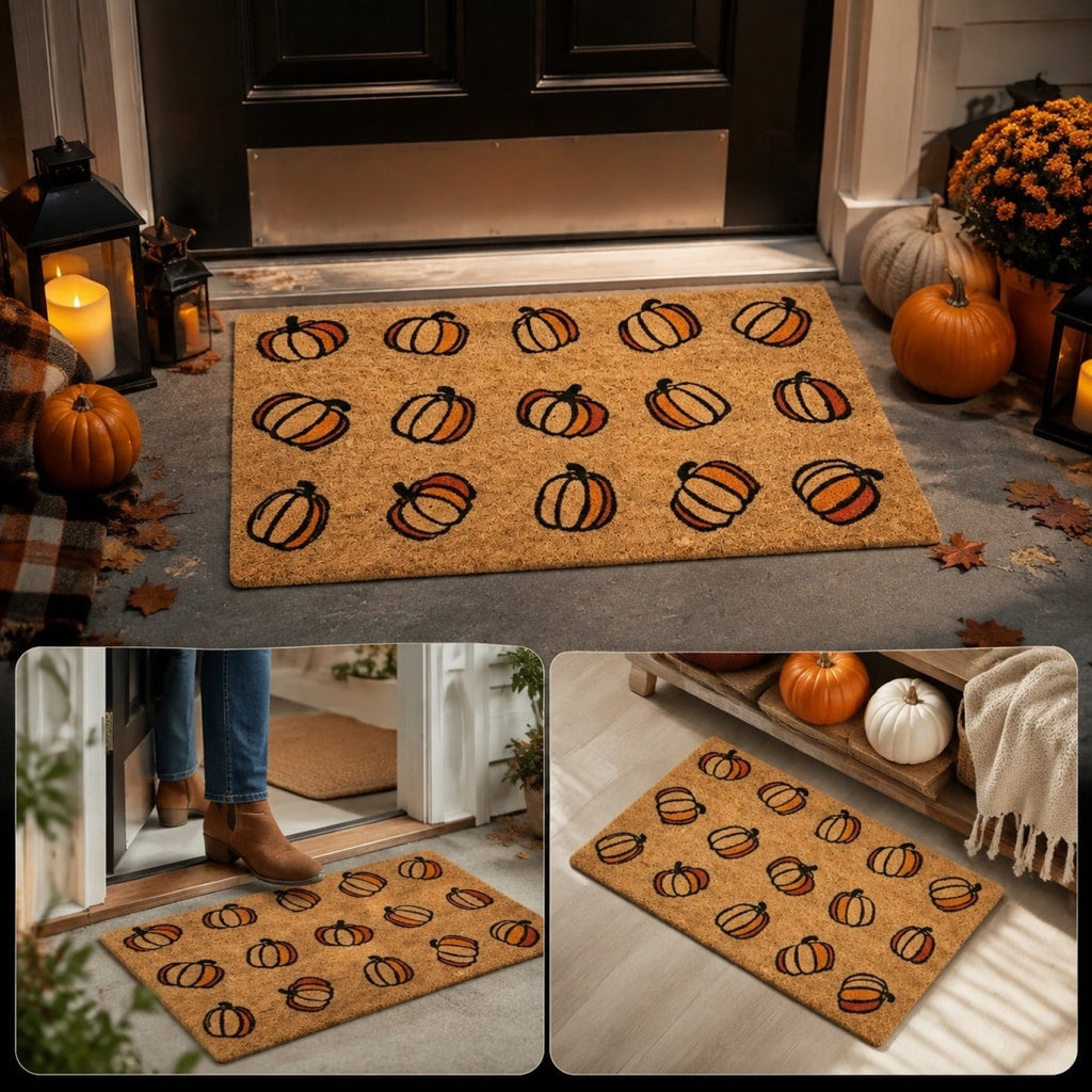 Fllostpr Halloween Pumpkin & Crow Welcome Doormat for Front Door, Non-Slip Vintage Brown Coir Floor Mat for Outdoor Porch Entryway Decor,16x24 Inch