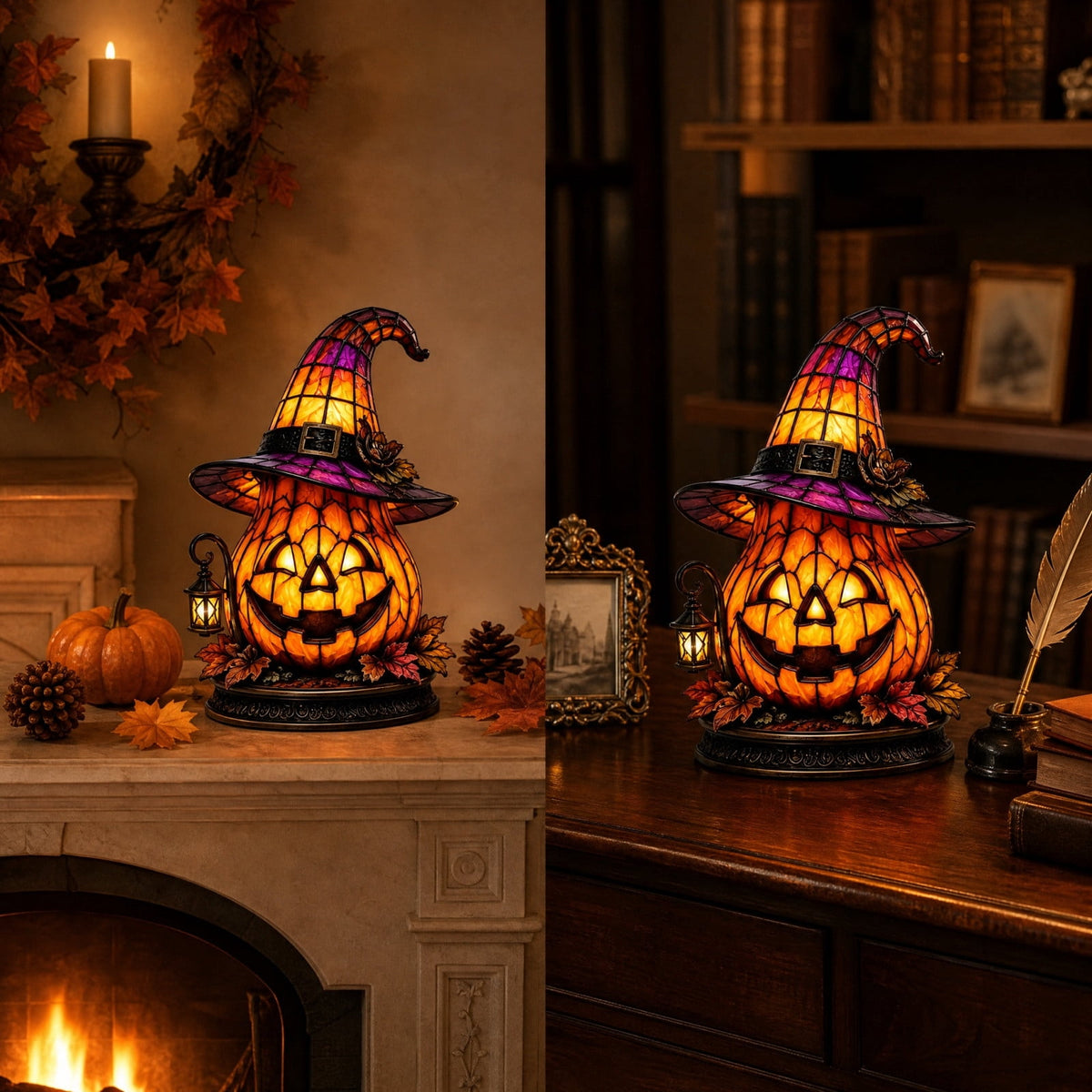 Halloween Lighted Witch Cauldron Decor Lamp, Stained Glass Witch Hat Magic Pot Night Light with Pumpkin & Potion Bottle Details, Spooky Vintage Tabletop Ornament for Mantel Living Room Party