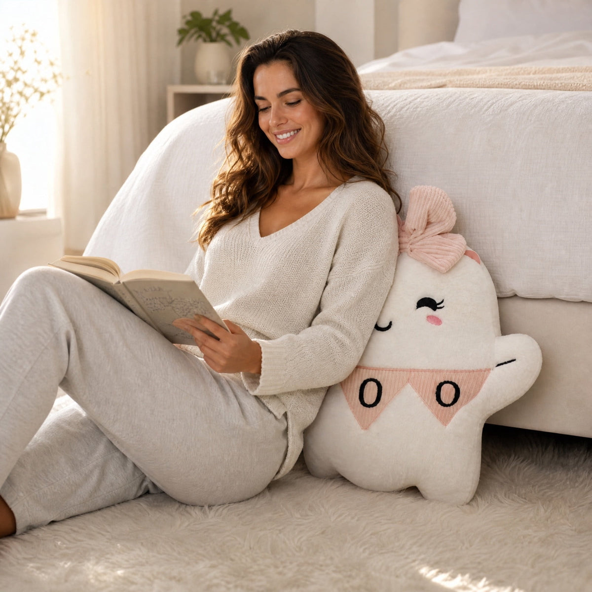 Cute Reading Ghost Plush Throw Pillow, Halloween Book & Pumpkin Bucket Ghost Stuffed Cushion, Spooky Season Decorative Pillow, for Sofa, Bedroom, Party Decor