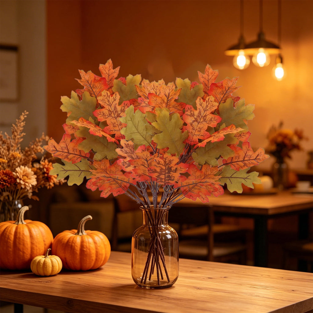 SPOORYYO 2Pcs Fall Maple Leaves Stems for Vase, Artificial Autumn Fake Leaves Decor, Maple Leaf Bushes Shrubs for Thanksgiving Halloween Home Farmhouse Table Centerpiece, 12.99" x 7.87"