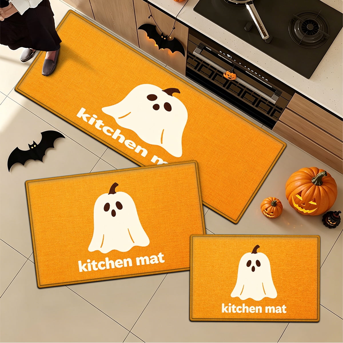 YIMEIS Halloween Orange Ghost Pumpkin Black Cat 1Pc Flannel Mat & Kitchen Rugs,Soft Non-slip,16''×24'' Inches,for Entryway Bathroom