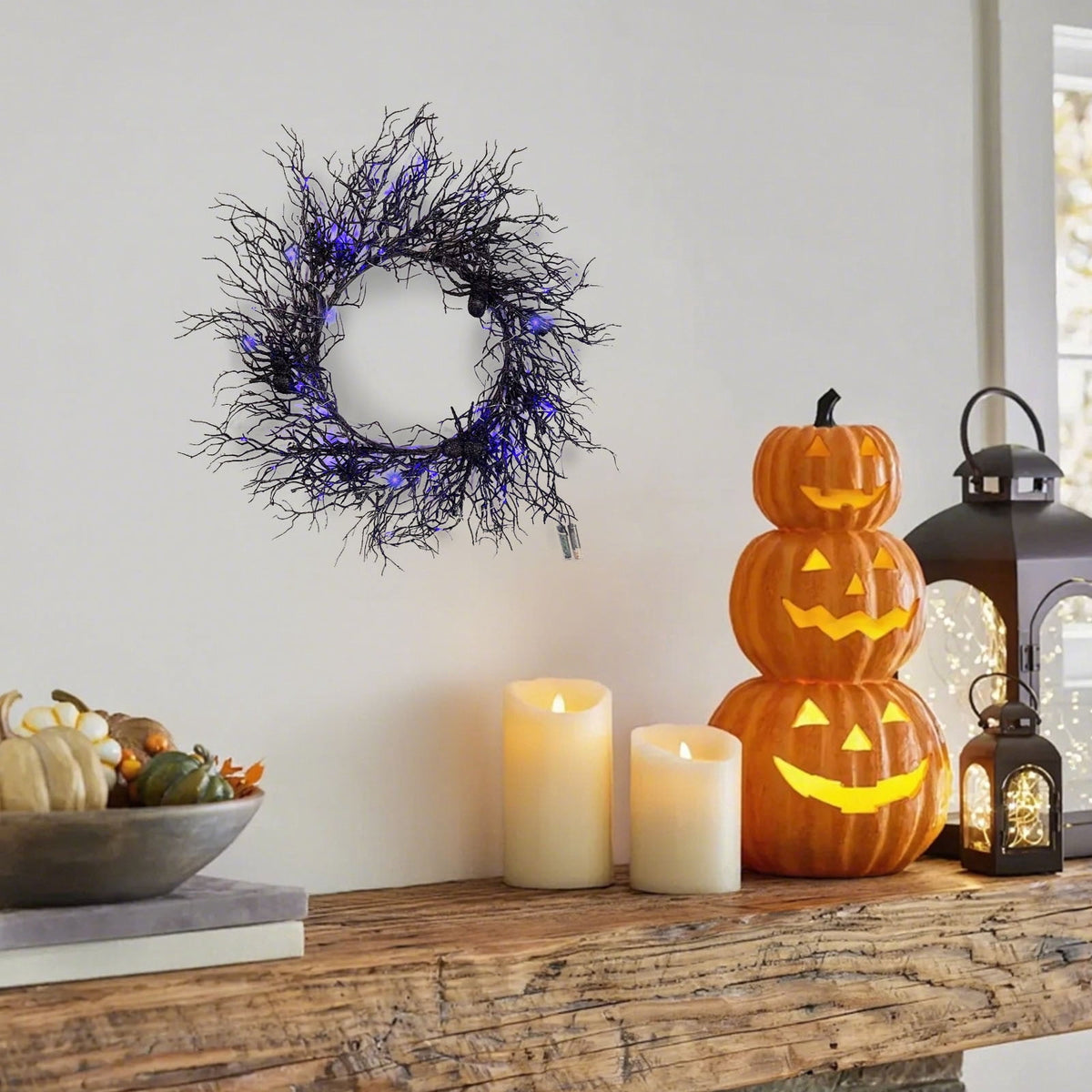 18" Lighted Halloween Wreath for Front Door - Black Spider Wreath with Purple LED Lights - Battery Powered Indoor/Outdoor Decor for Porch, Parties & Spooky Home Decor