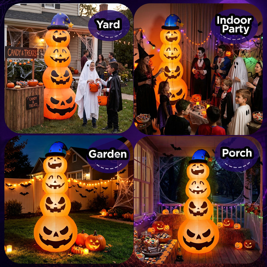 Goosiay 8ft Halloween Inflatable, Stacked Pumpkins with Witch Hat and Built-in LED Lights, Outdoor Blow up Yard Decor for Lawn, Garden, Porch and Halloween Party, Orange
