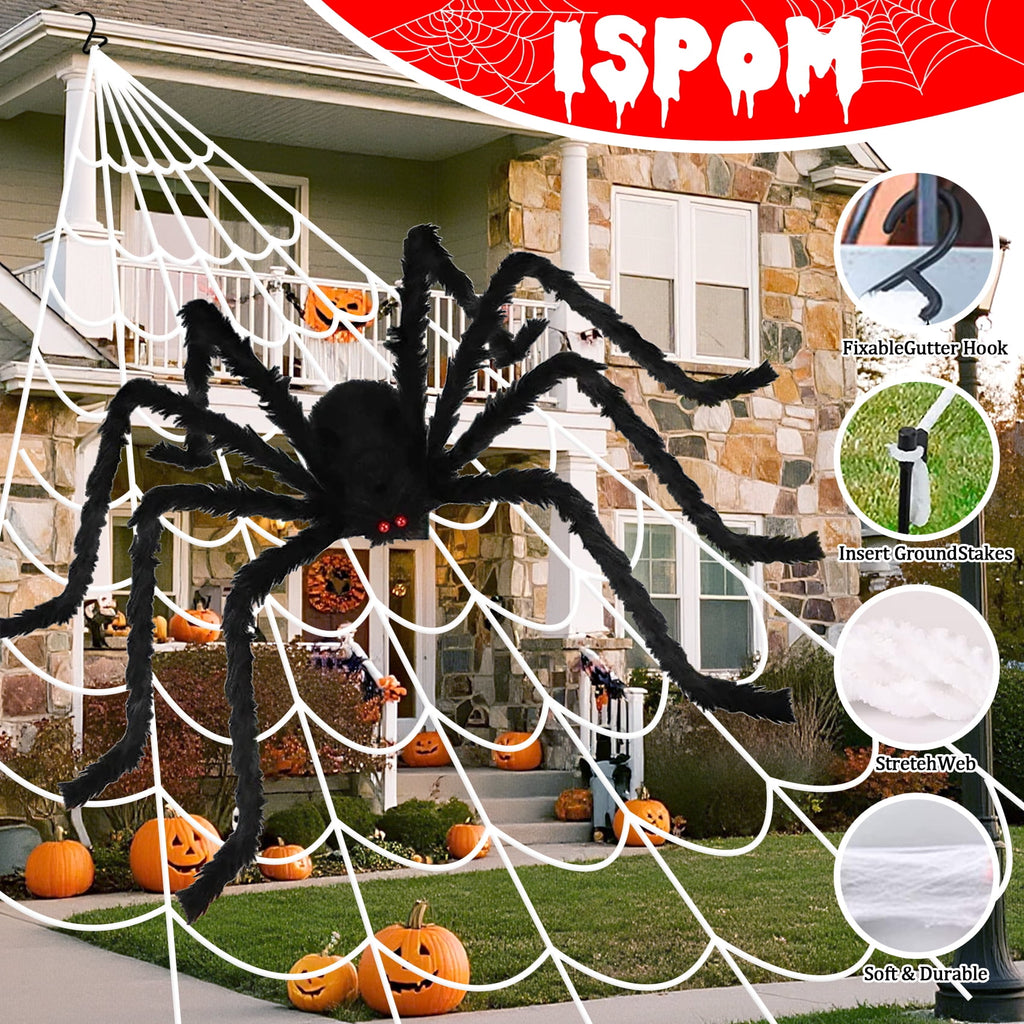 Scidweet Halloween Decorations Outdoor, 350 LED Halloween Spider Web Lights with 79" Large Spider for Garden Yard Home Decor, Multicolor