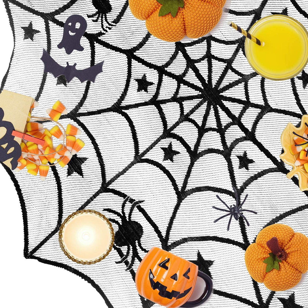 Round Lace Table Topper Black Spider Tablecloth and Fireplace Spider Decorations Lace Spiderweb Mantle Scarf Cover for Halloween Window, Dinner Party, Festival Party, Scary Movie Nights