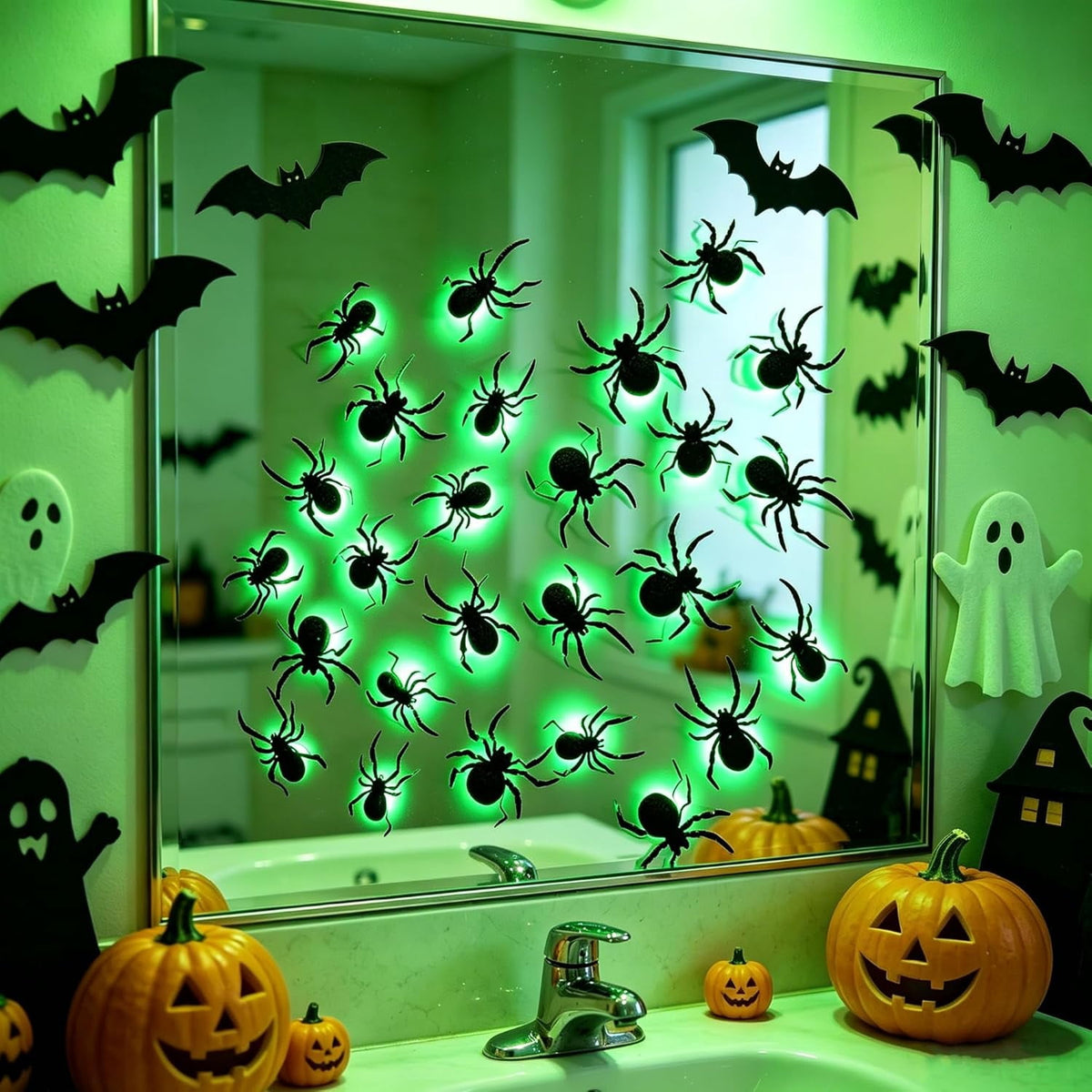 CQHVKQ 36 PCS Halloween Bats Decorations, Realistic 3D LED Bats Wall Stickers Decor, Assorted Size Removable Lighted PVC Bats DIY Wall Sticker for Halloween Party, Bedroom, Home, Indoor and Outdoor