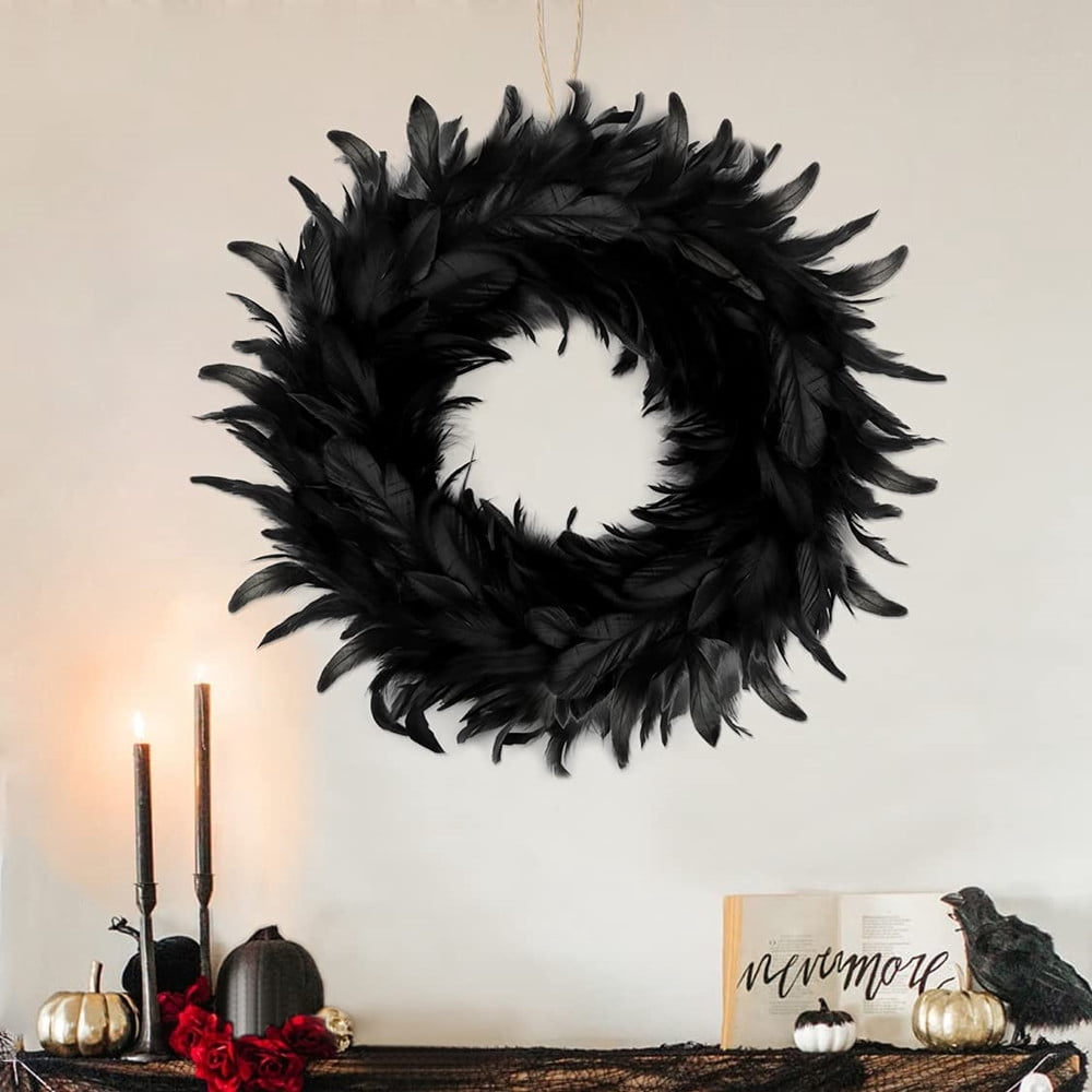 16" Black Feather Wreath Halloween Wreath Handmade Black Wreath for Front Door Porch Mantel Fireplace Window Wall Indoor Outdoor Halloween Christmas Winter Birthday Decoration