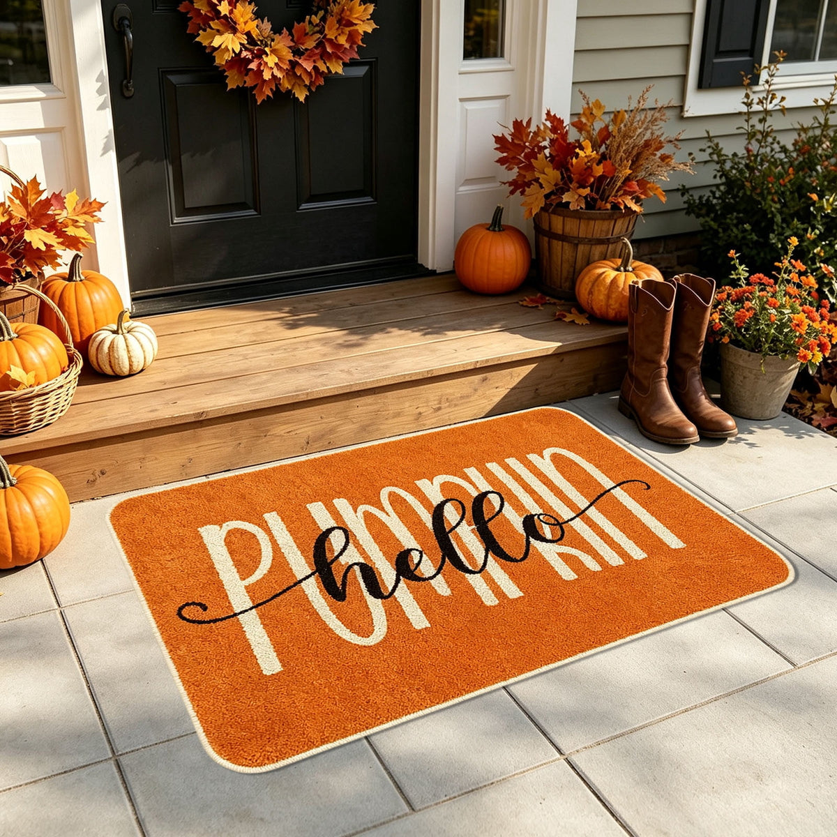 Yhmxh Fall Pumpkin Decorative Door Mat, Autumn Harvest Welcome Entryway Rug, Non‑Slip Absorbent Front Doormat, Seasonal Floor Mat for Indoor Outdoor Halloween Home Decoration 15.7x23.6 Inch