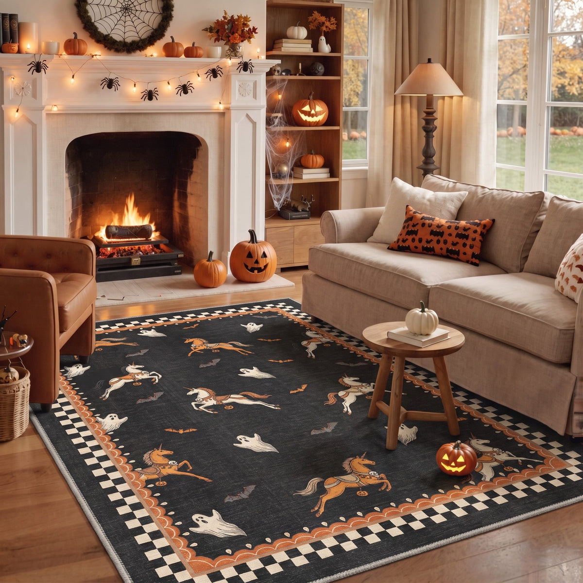GENIMO 5'x7' Halloween Area Rug for Living Room, Washable Non Slip Soft Vintage Pumpkin Indoor Rug for Bedroom Dining Room Home Office, Antique Moss