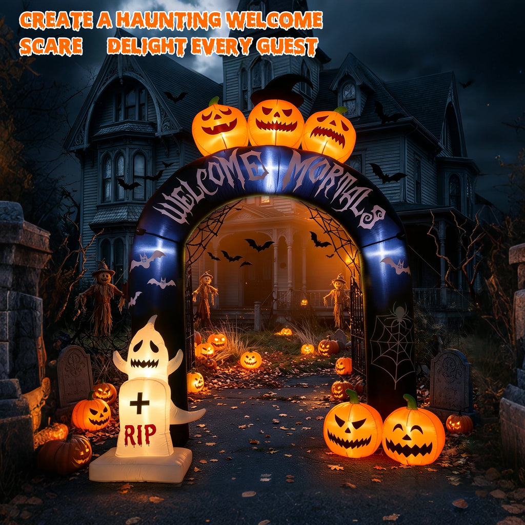 MAGOTAN 8 ft Halloween Inflatable Pumpkin Halloween Inflatable Pumpkins Ghost Tombstone Outdoor Yard Decoration Build-in 7 LED White Lights