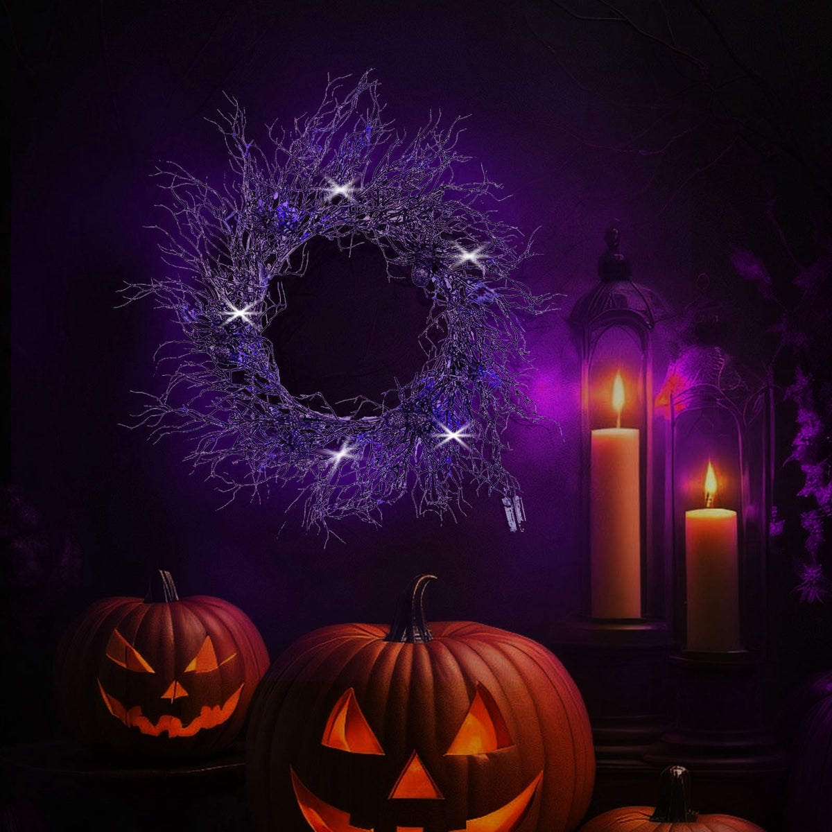 18" Lighted Halloween Wreath for Front Door - Black Spider Wreath with Purple LED Lights - Battery Powered Indoor/Outdoor Decor for Porch, Parties & Spooky Home Decor