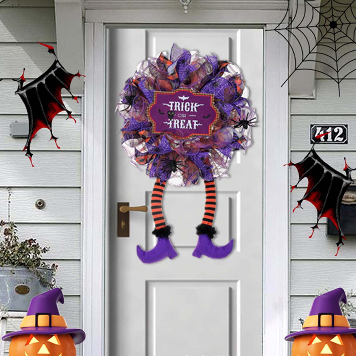 Halloween Wreath with Witch Legs,Purple Door Hanging Garland Front Door Wall Decorations Witch Garland