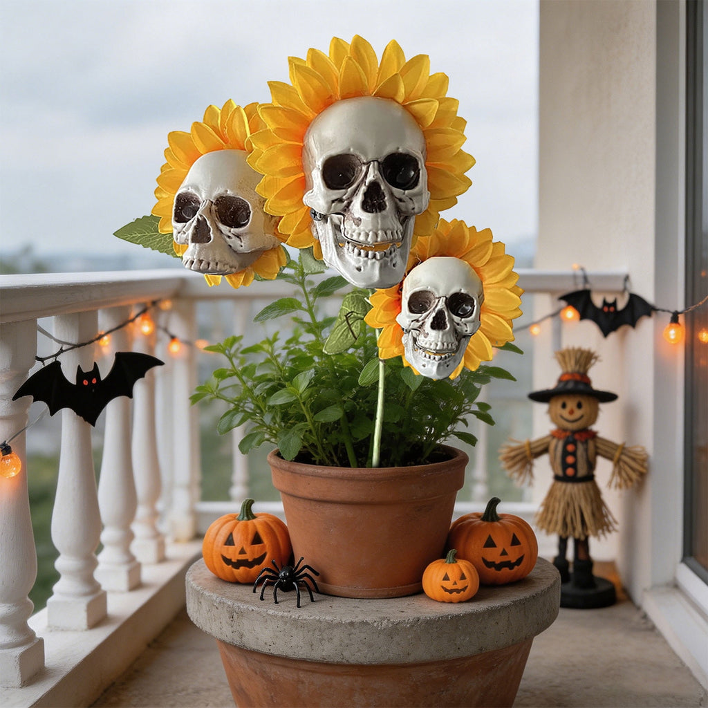 Halloween Artificial Rose Flower with Skull Head, Fake Silk Rose Bouquet, Red or Black Roses with Mini Skull