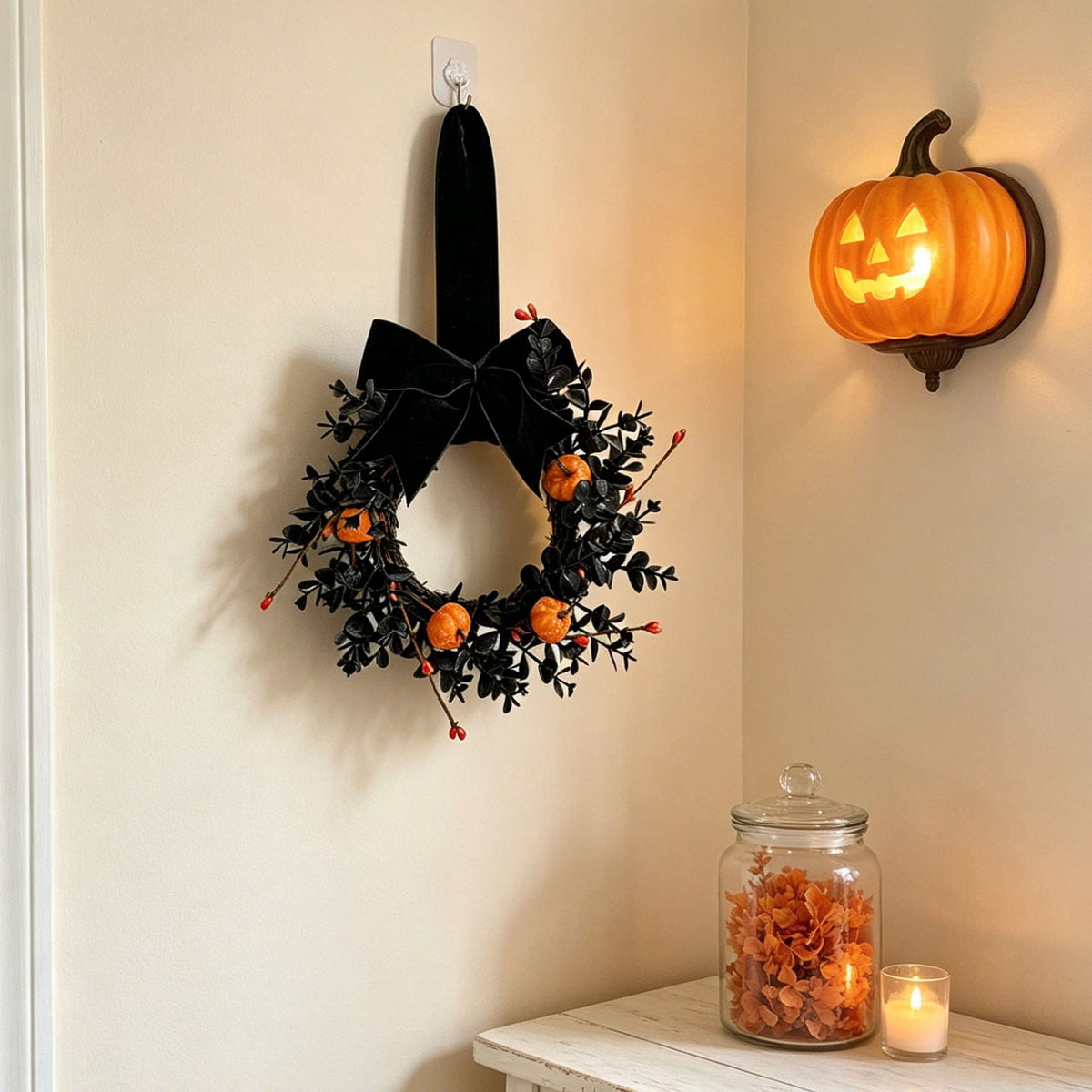 Halloween Wreath,Small Pumpkin Bow Wreaths for Front Door Kitchen Cabinet,Hanging Black Wreath for Autumn Holiday Halloween Decorations